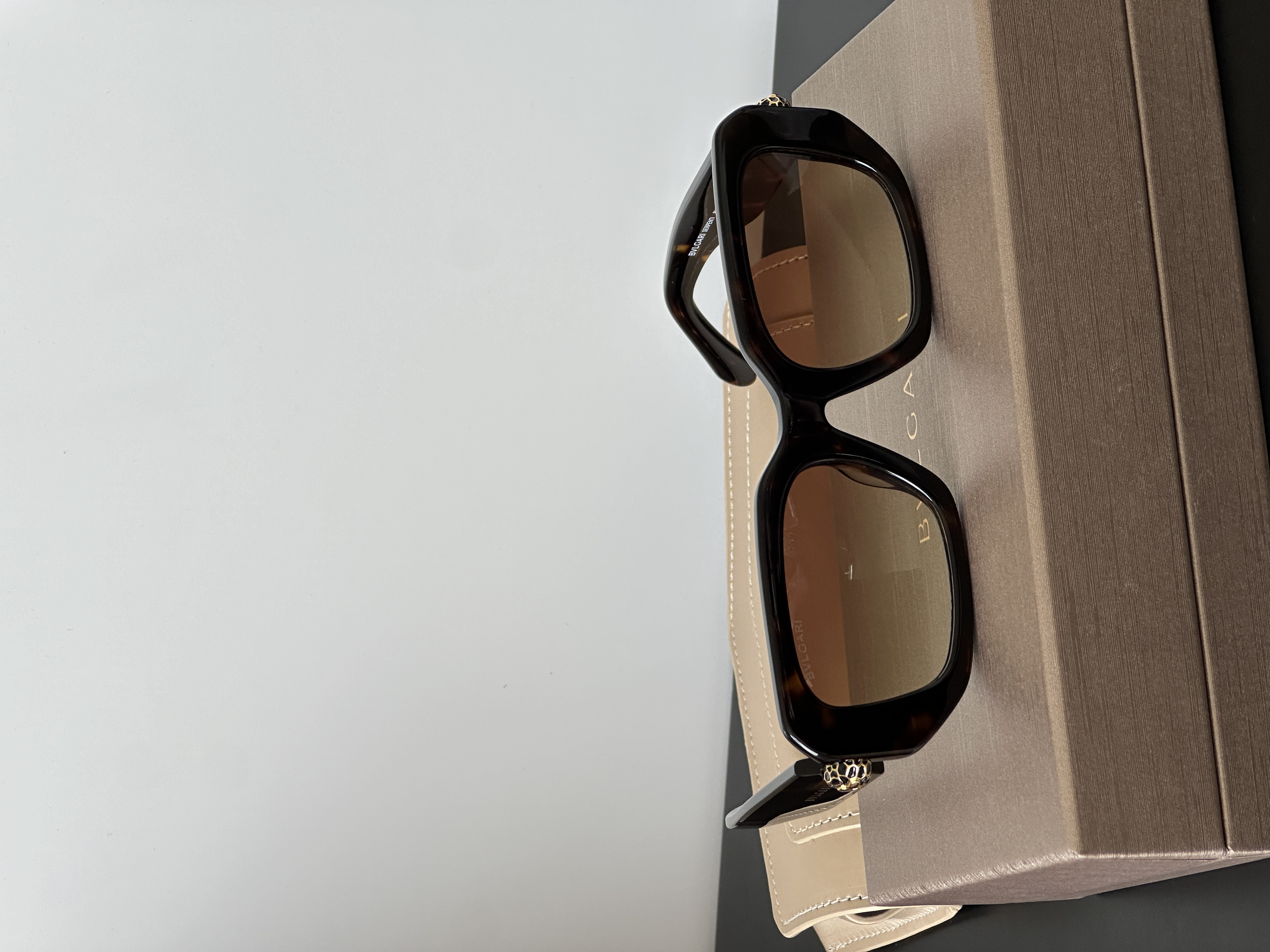 BVLGARI Tortoise Square Sunglasses with Serpenti Metal Ornament Gradient Brown Lenses