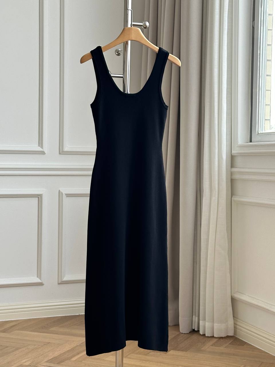 Chanel Black Stretch Knit U-Neck Wide Strap Midi Dress With White Interlocking CC Embroidery Logo