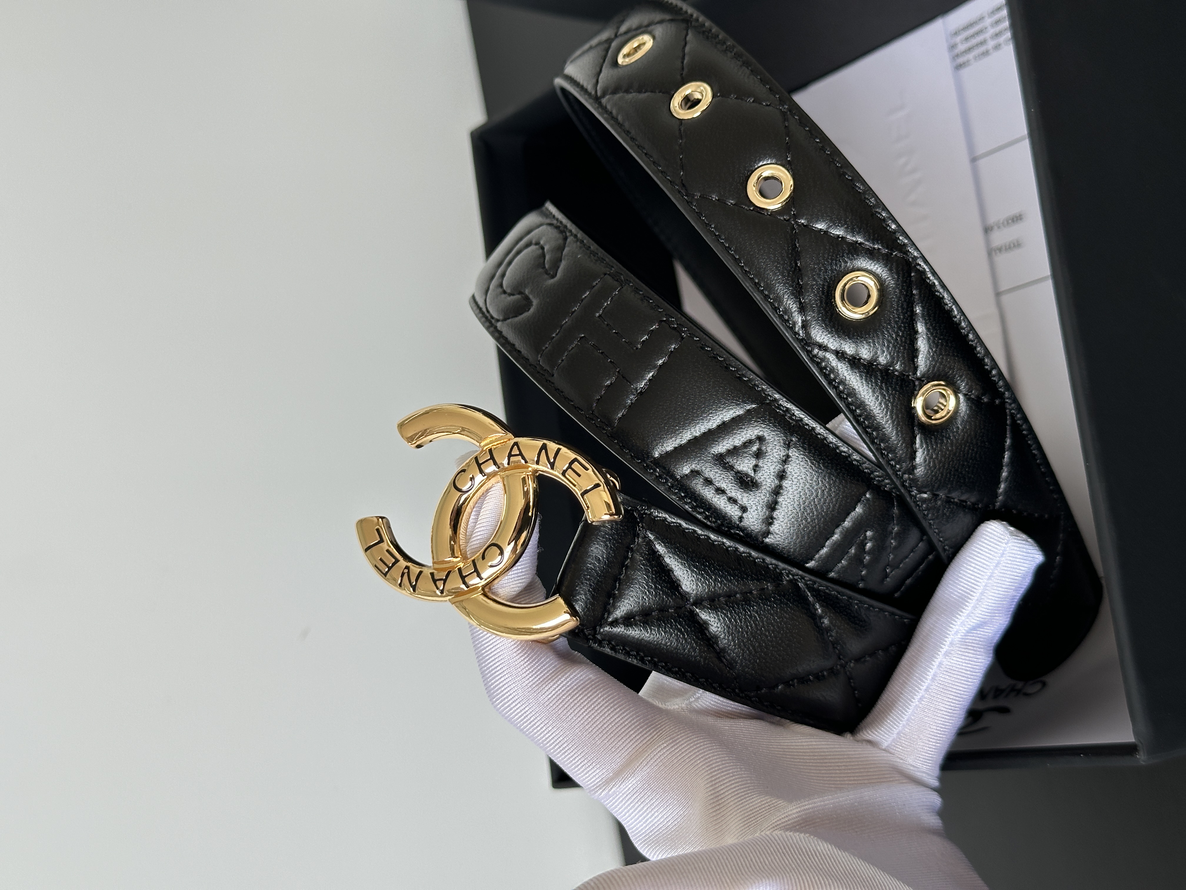Chanel Black Quilted Belt with Gold-tone Double C Buckle