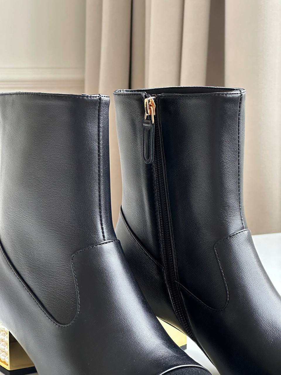 Black Smooth Calfskin Suede Toe Pearl Block Heel Side Zipper Peep Toe Ankle Boots