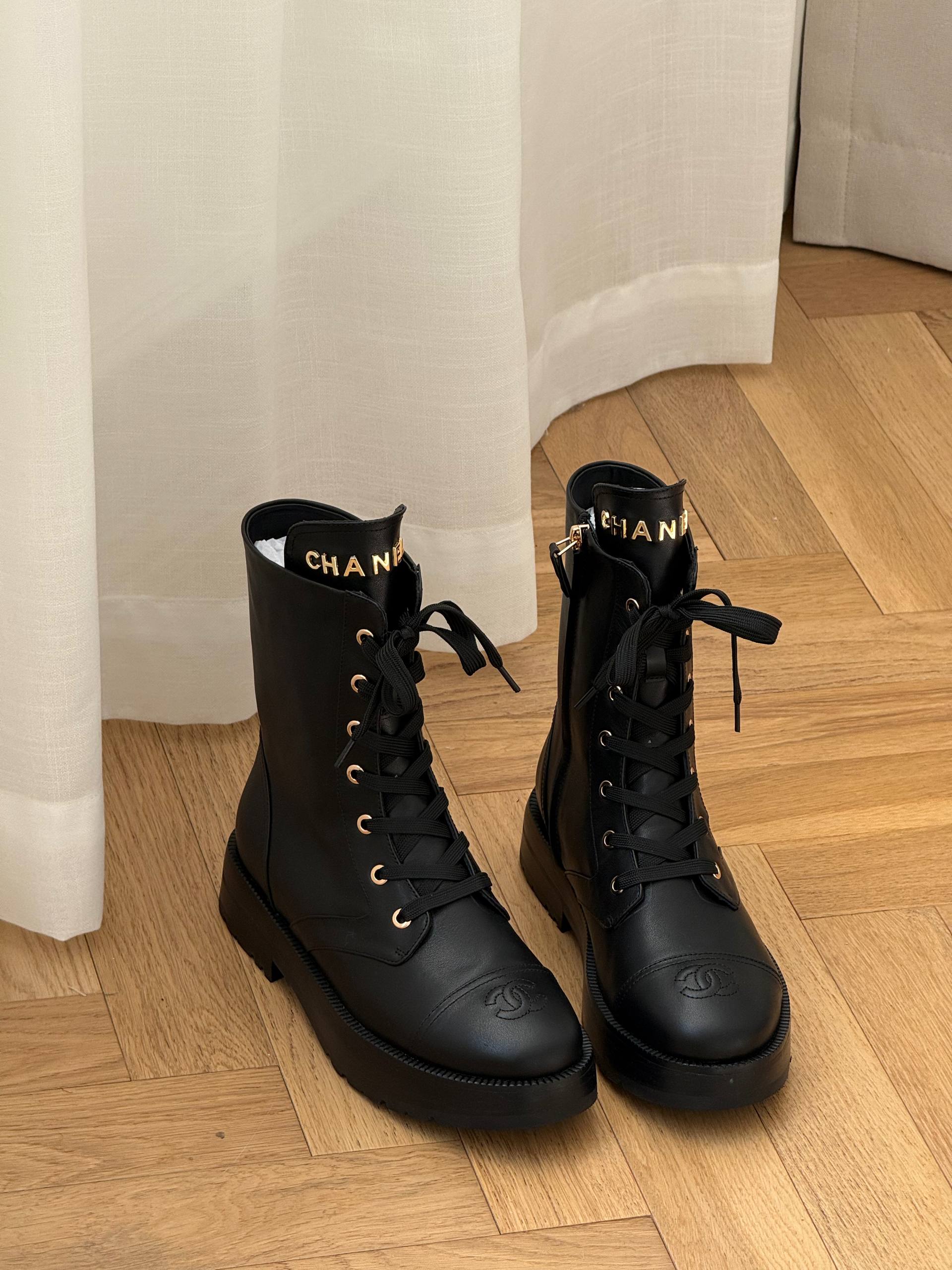 Chanel Calfskin Logo Combat Lace-Up Boots
