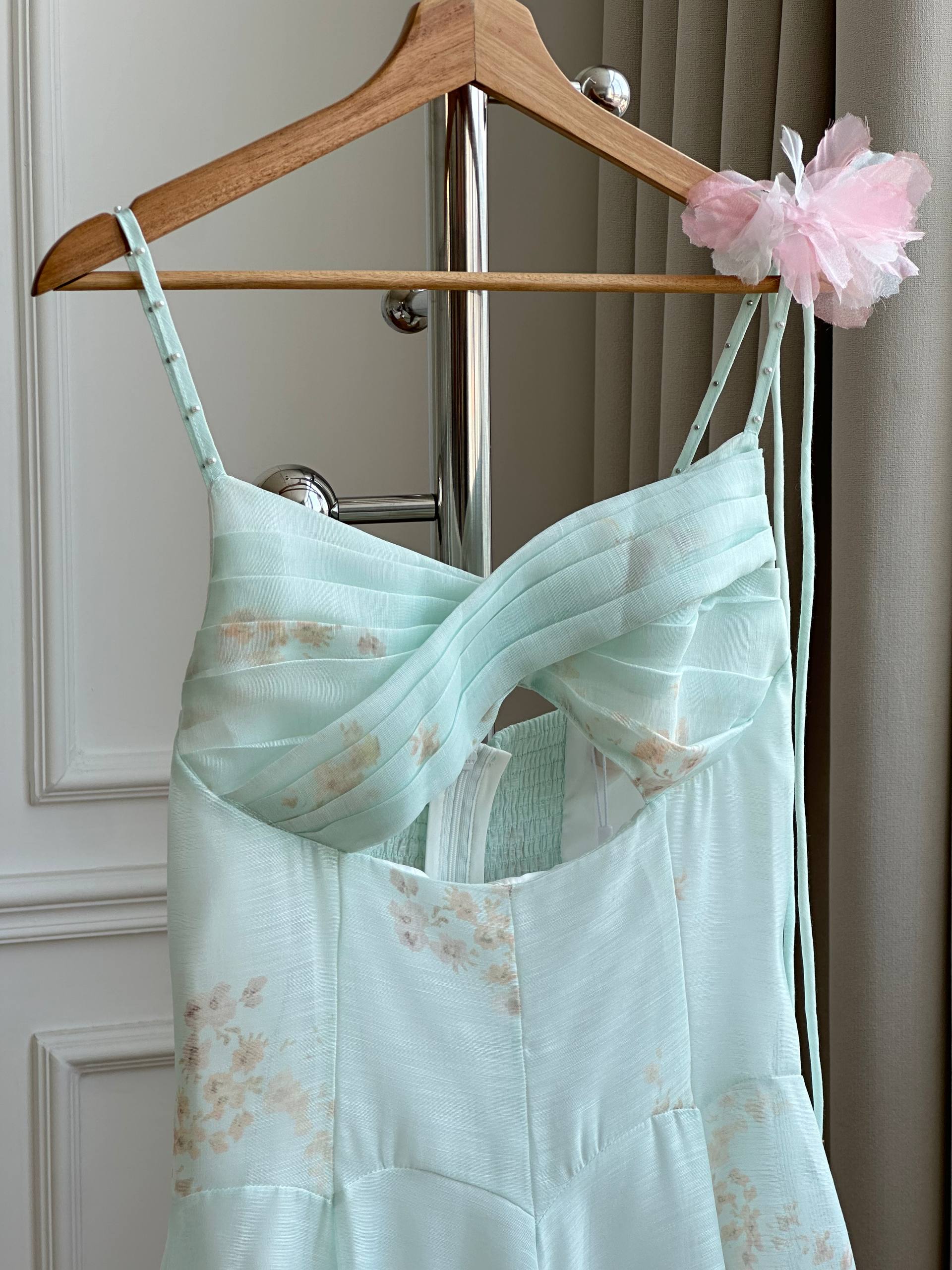 Zimmermann Mint Green Rose Print Ruched Bustier Mini Dress