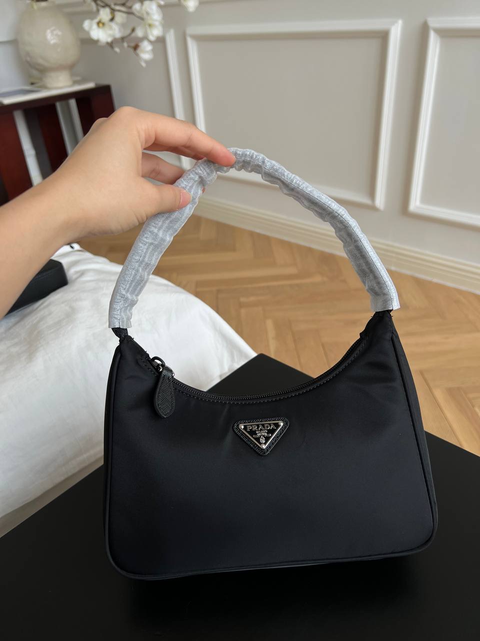 Prada Black Re-Nylon Mini Hobo Shoulder Bag With Silver Triangle Logo