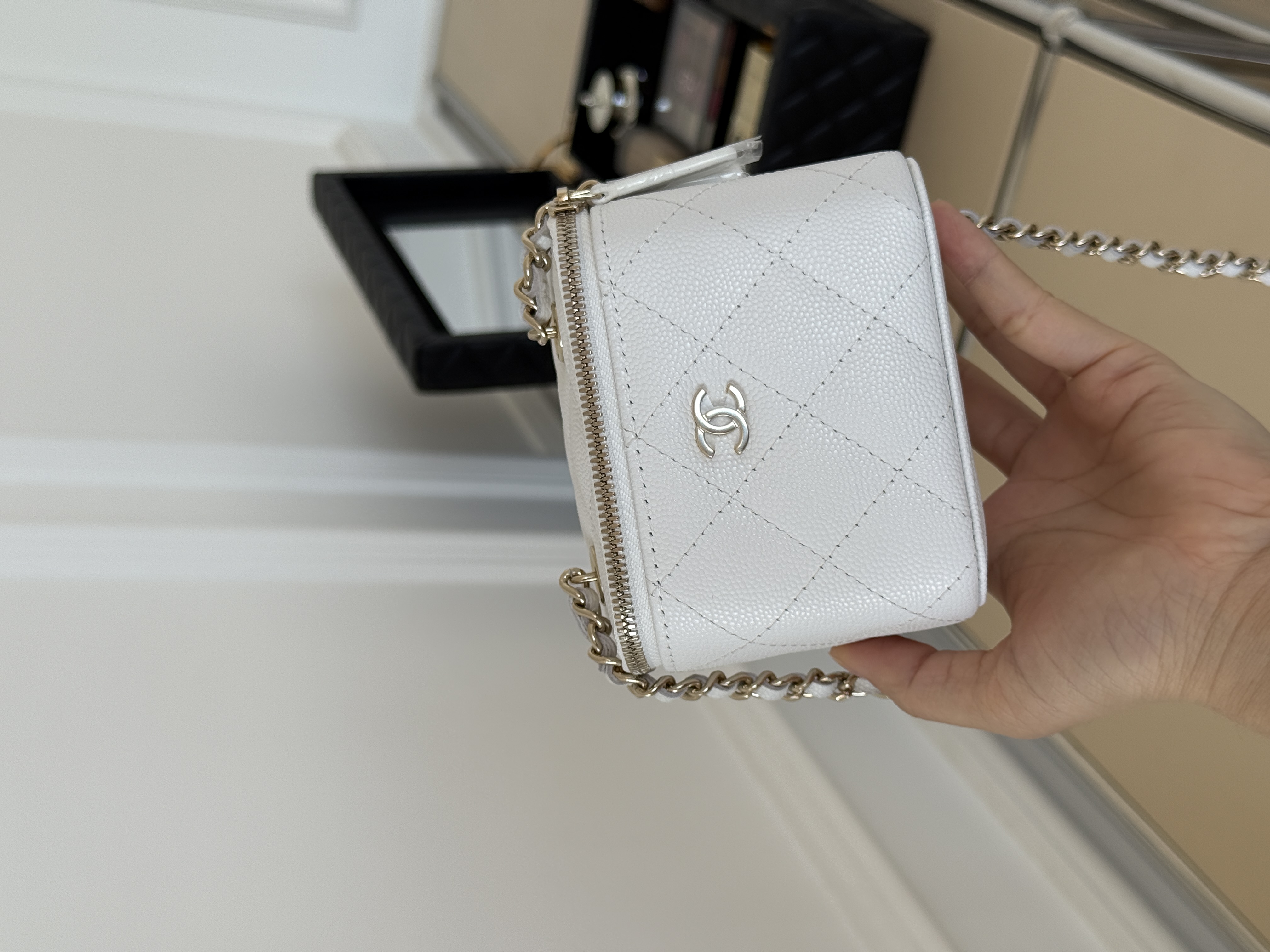 CHANEL Classic Quilted Caviar Leather Mini Vanity Case with Chain