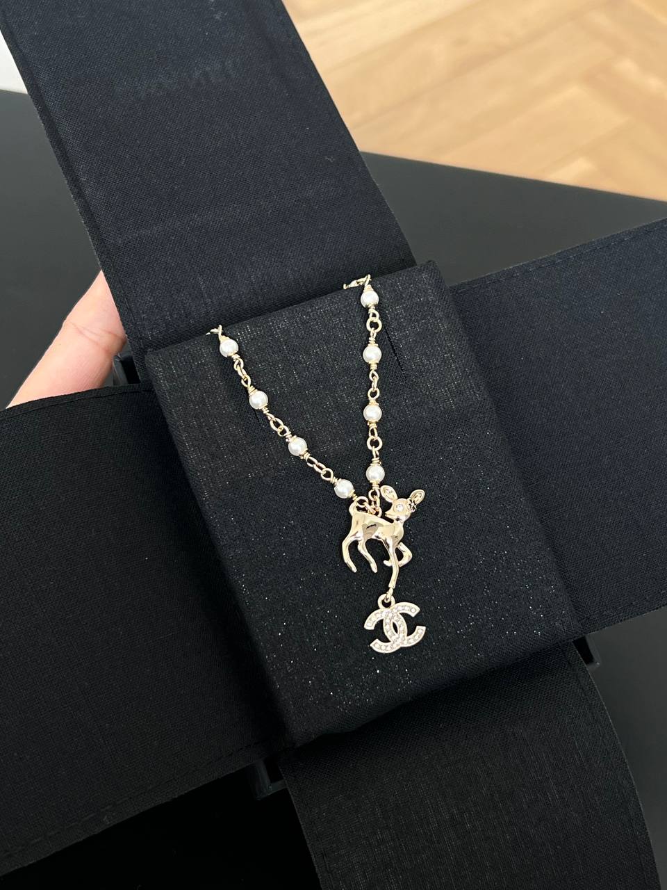 Chanel Light Gold Pearl Chain Bambi Crystal Interlocking CC Pendant Necklace