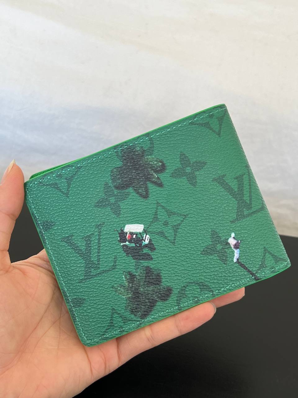 Louis Vuitton Green Monogram Golf Cart Figure Print Grained Leather Bi-fold Short Wallet