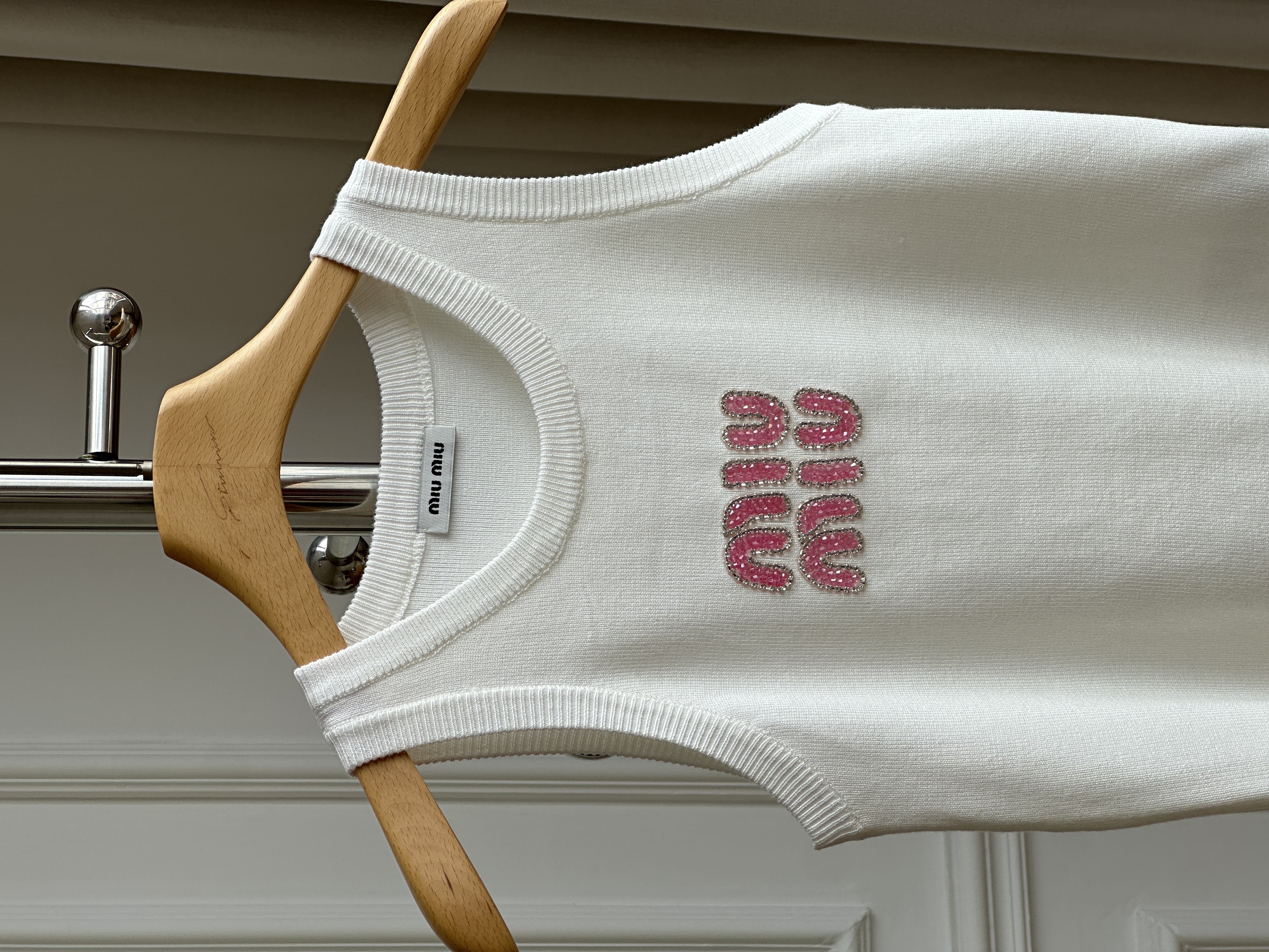 Miu Miu Off White Pink Crystal Logo Knit Tank Top