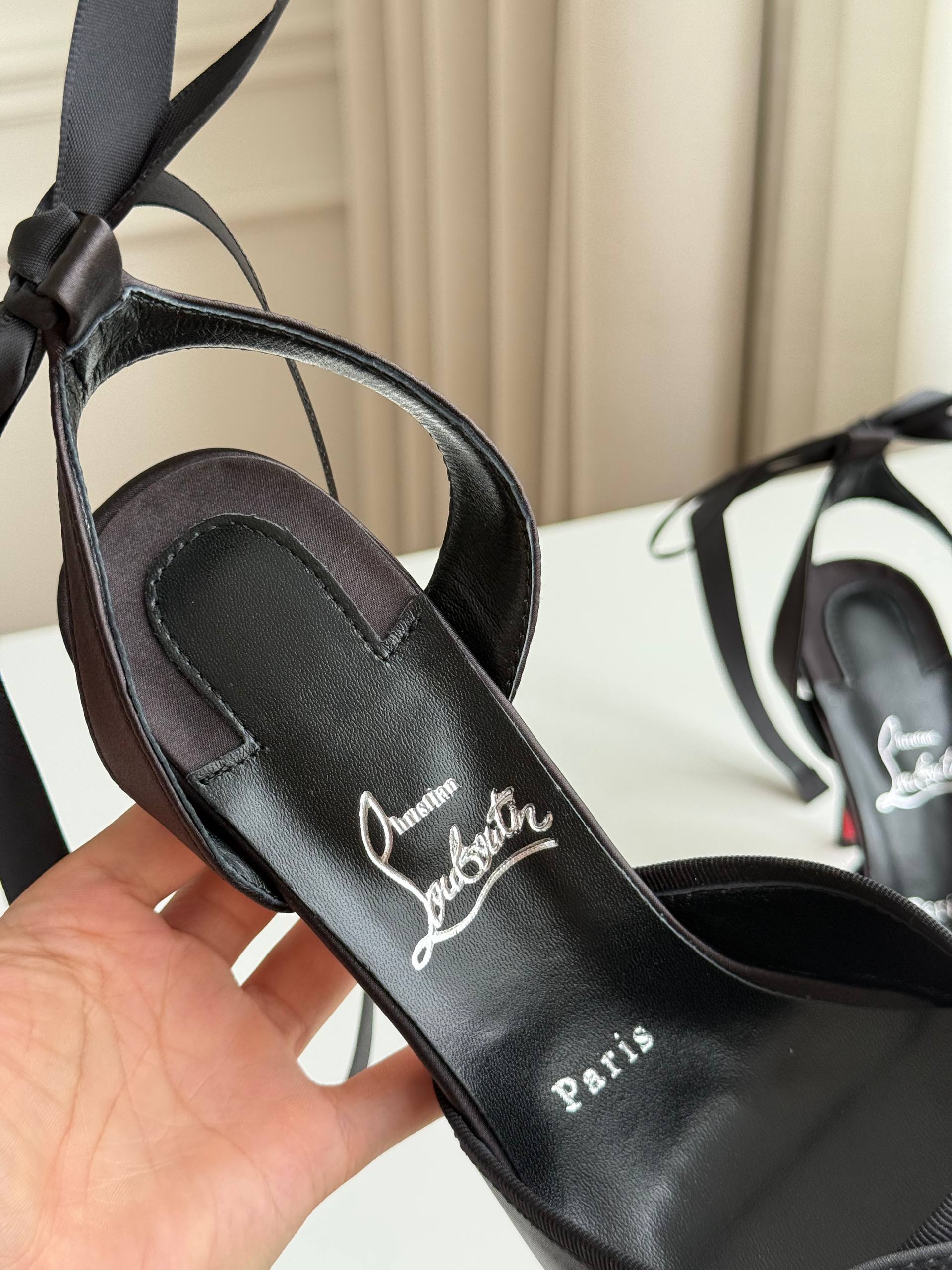 Christian Louboutin Black Satin Front & Ankle Bow Red Sole Slingback Heels