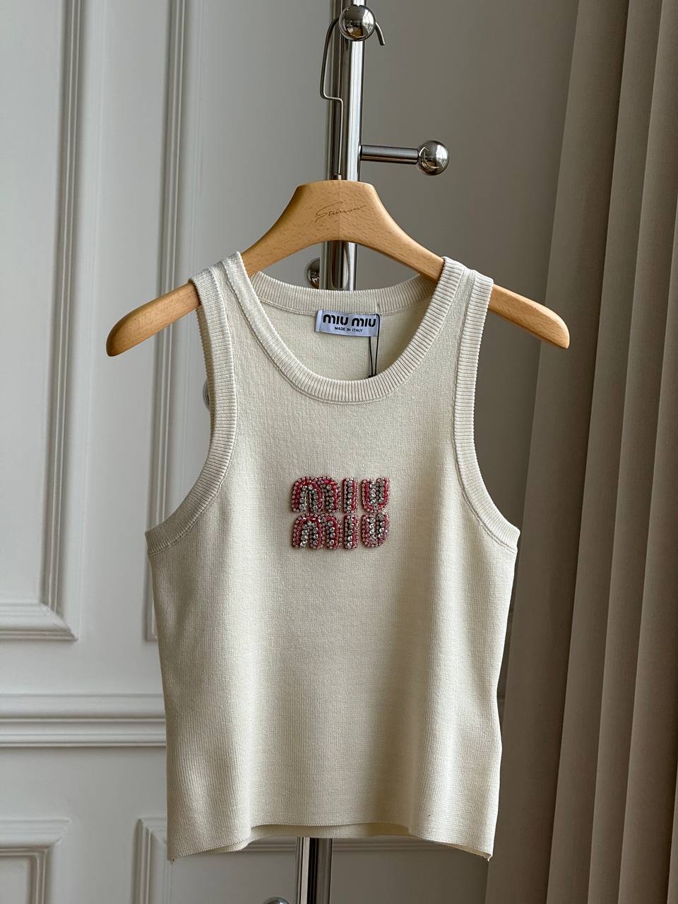 Miu Miu Crystal-Embellished Logo Knit Tank Top
