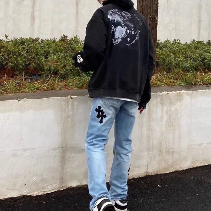 washed leather embroidery jeans