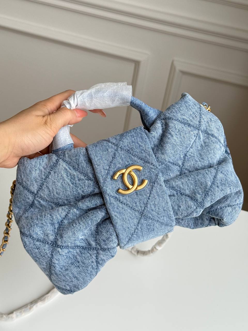Chanel 25K Quilted Denim Bow Chain Handbag