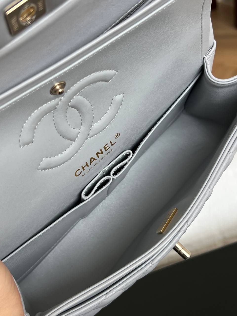 Chanel Light Grey Lambskin Quilted Classic Flap Top Handle Bag