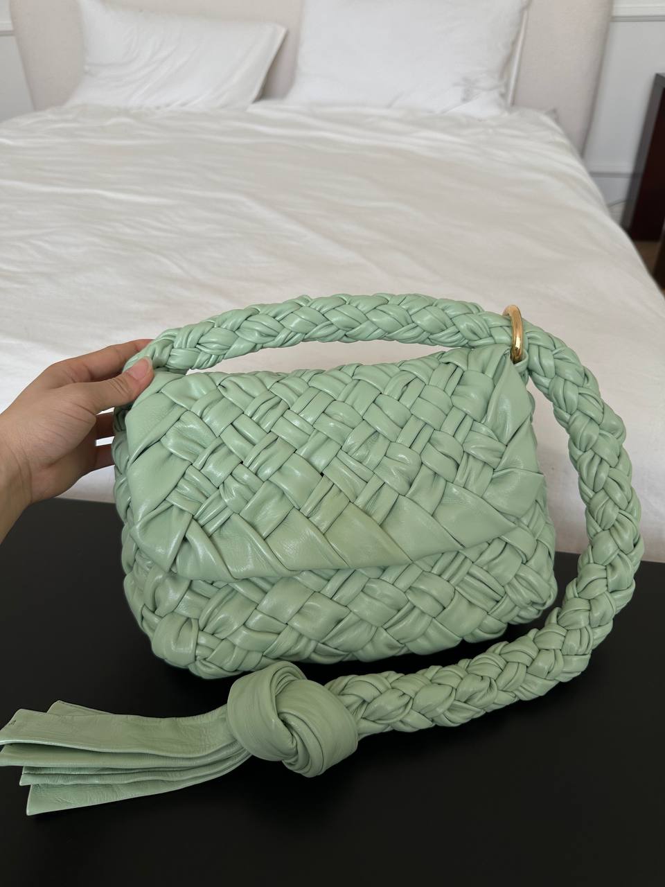 Mint Green Hand Woven Soft Leather Knotted Tassel Shoulder Bag