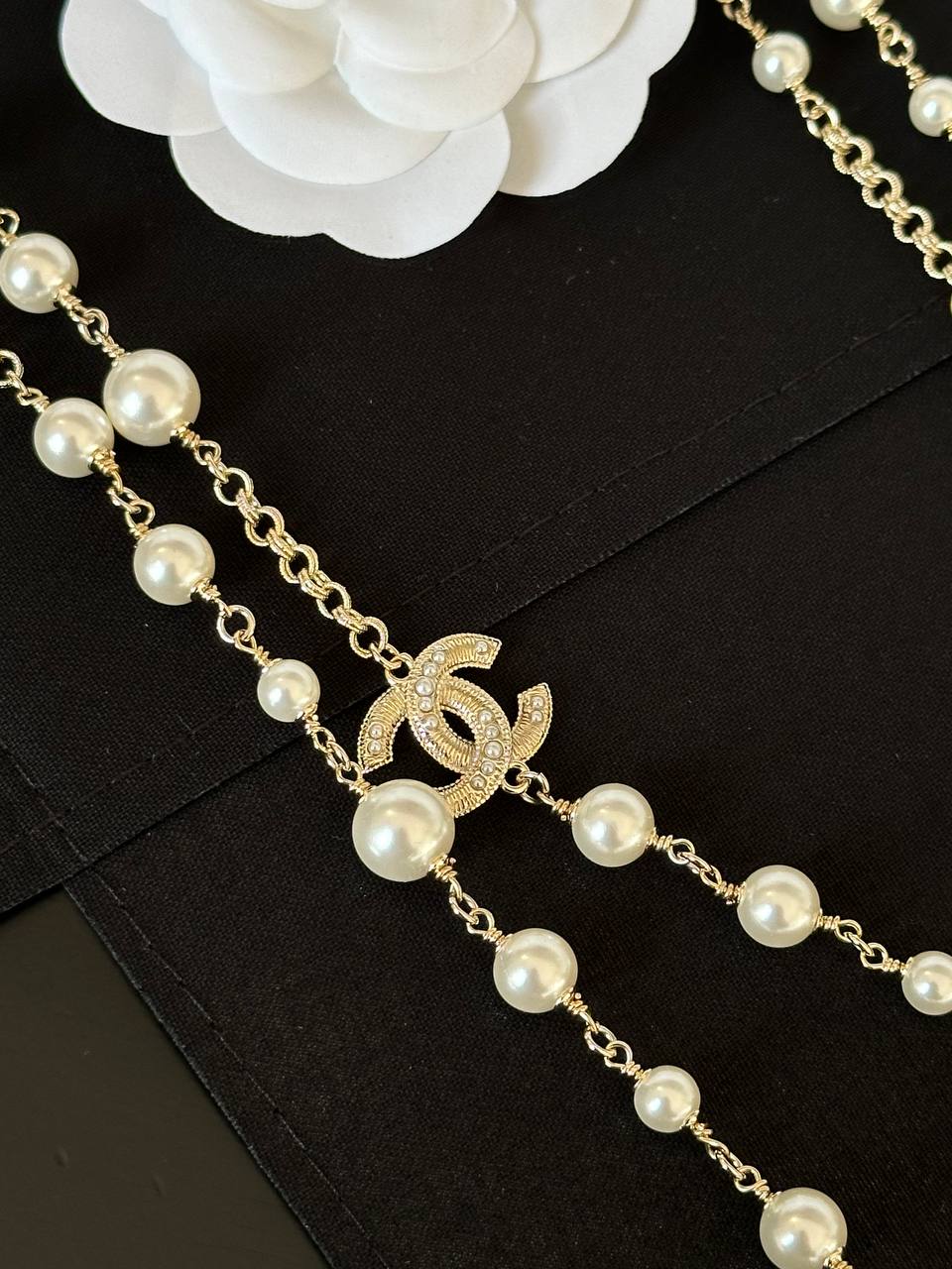 Chanel Long Necklace with Glass Pearls & CC Logos