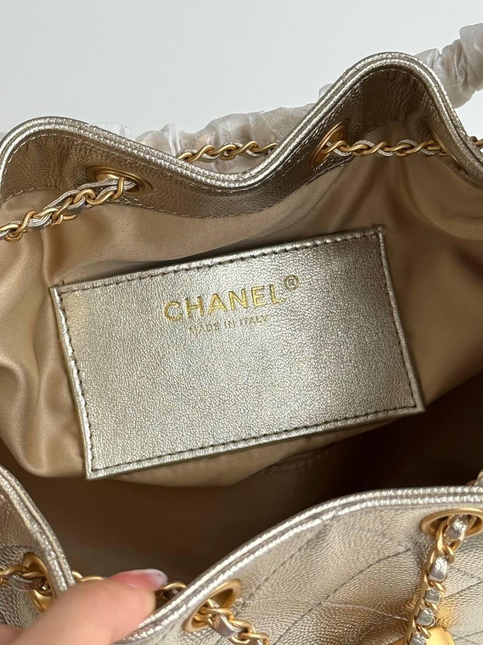 Chanel 25 Metallic Caviar Quilted Drawstring Bucket Bag