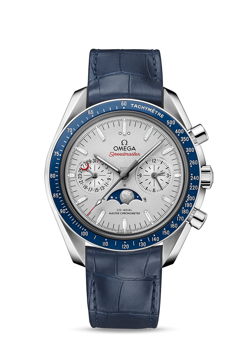 MOONPHASE CO‑AXIAL MASTER CHRONOMETER MOONPHASE CHRONOGRAPH 44.25 MM 304.93.44.52.99.004 FAVOURITES COMPARE Platinum on Leather strap