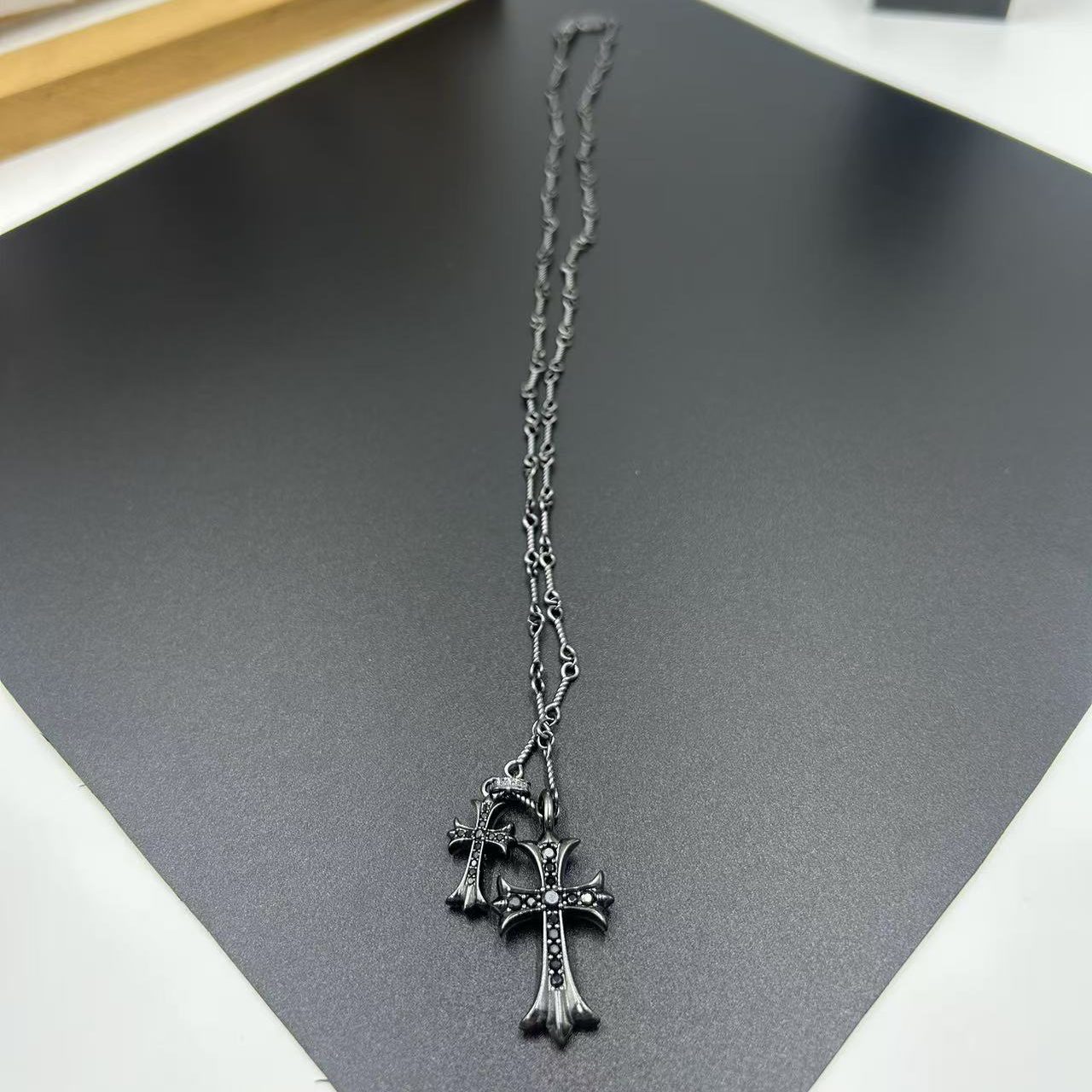 CHROME HEARTS BLACK DIAMOND DOUBLE CROSS LAYERED NECKLACE