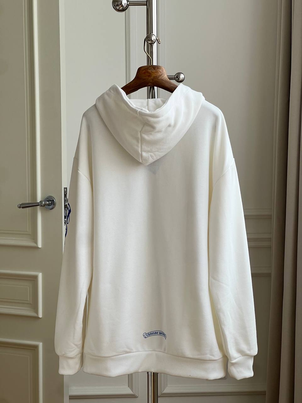 Chrome Hearts White Zip-Up Hooded Jacket With Blue Gothic Vertical Letter Print