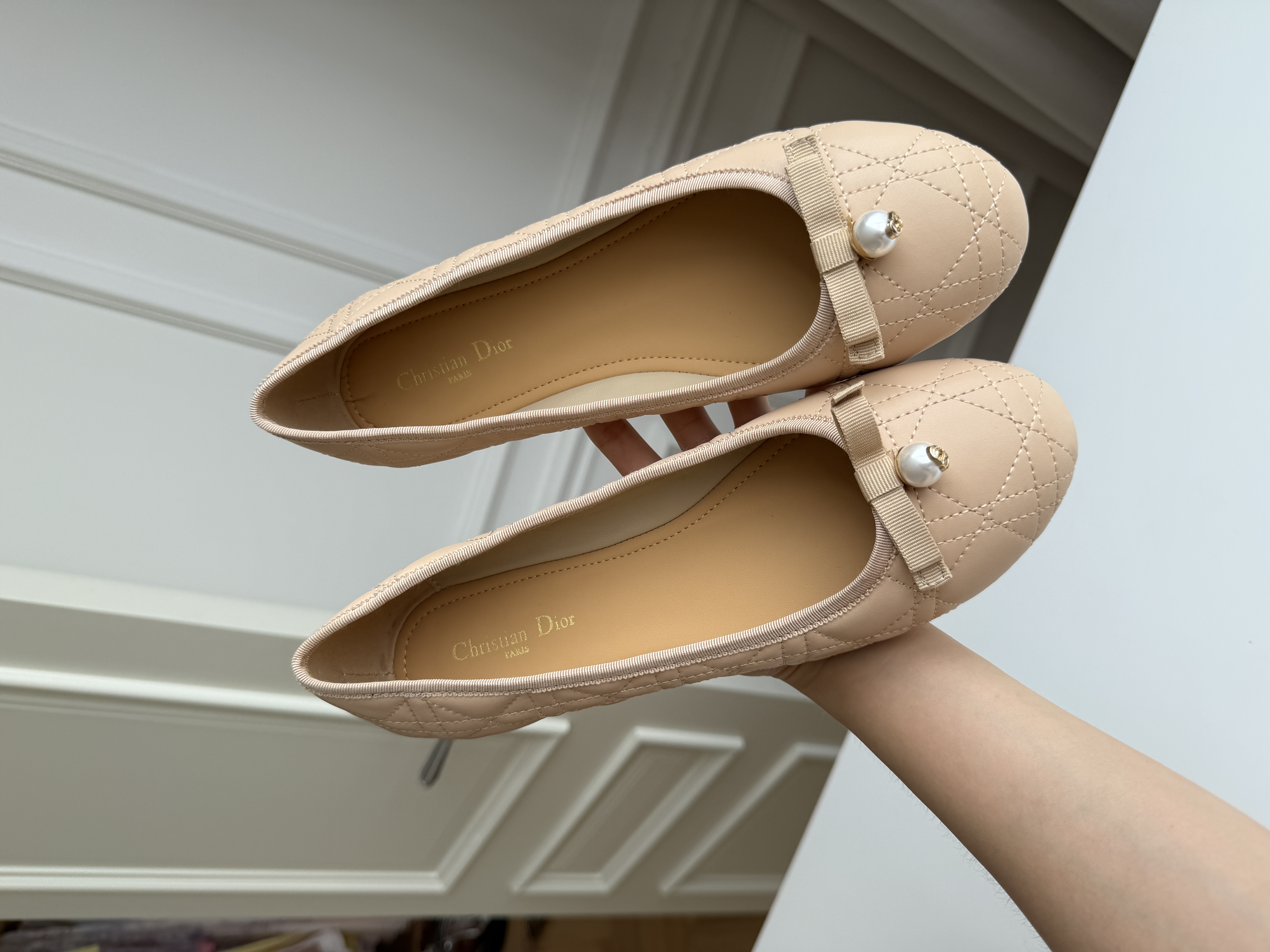 Nude Quilted Pearl Bow Flat Ballet Shoes