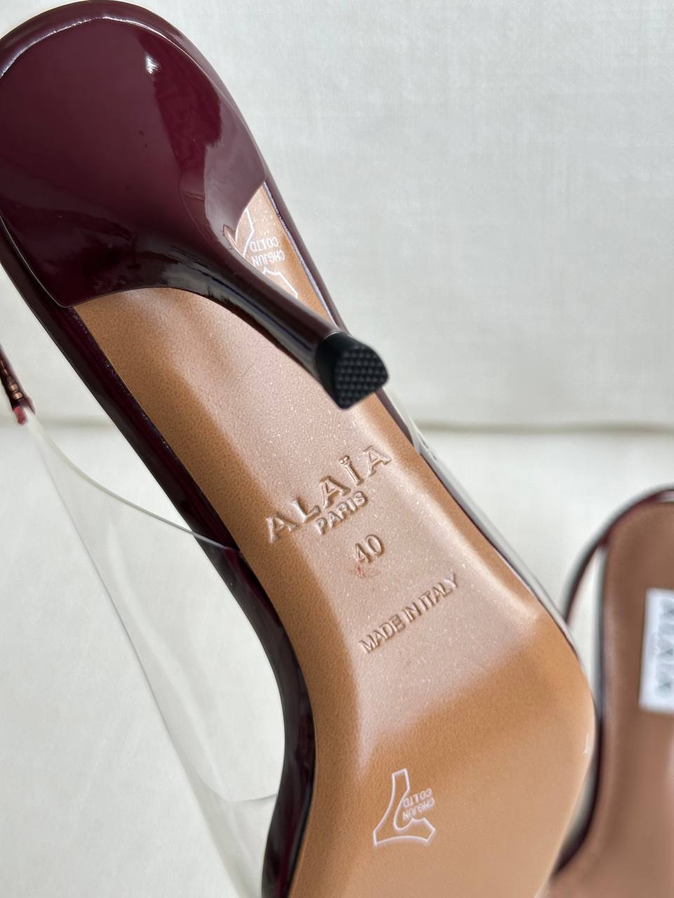 ALAÏA Burgundy Patent Leather Pointed Toe Clear PVC Slingback Stiletto Heels
