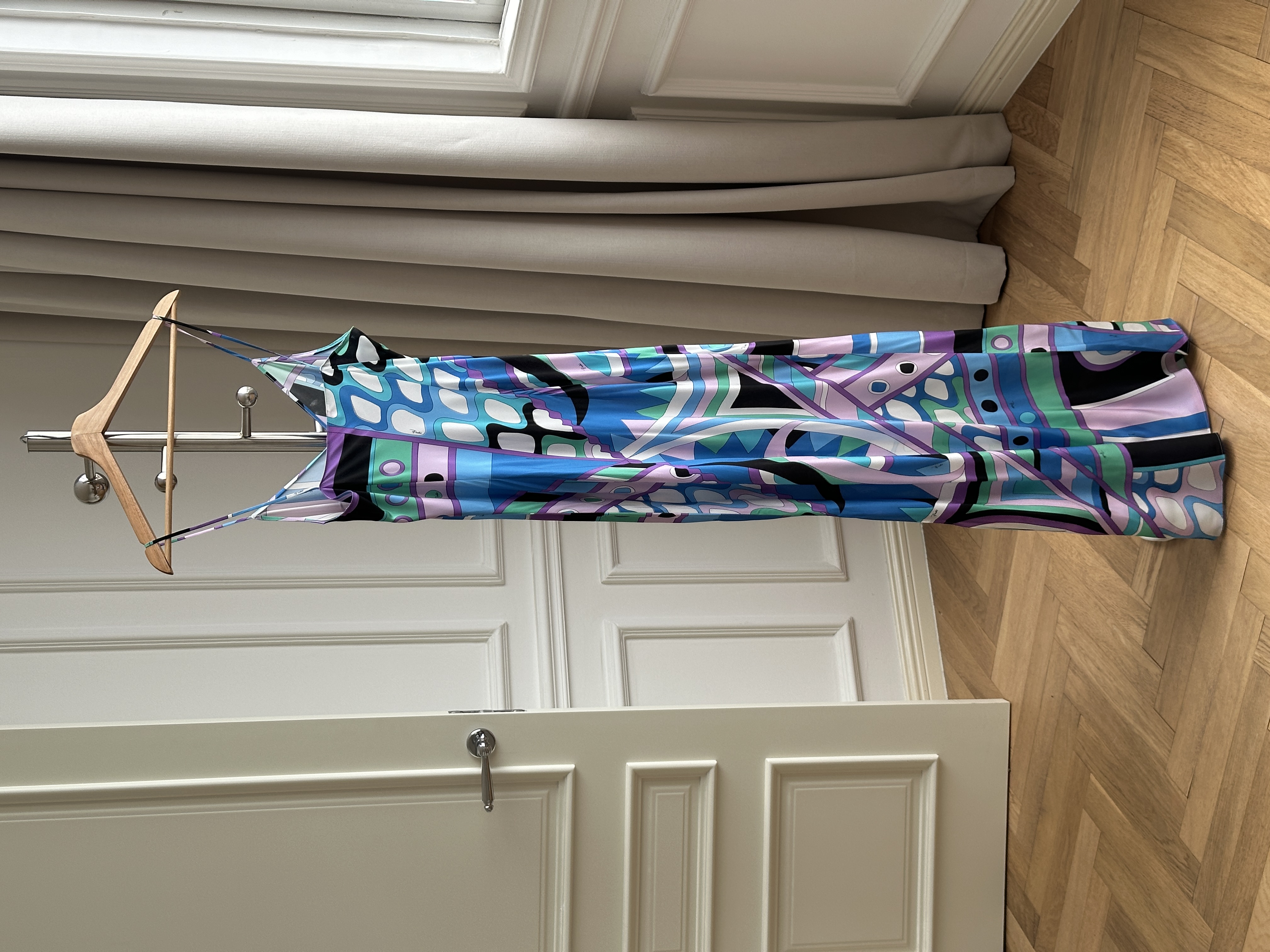 Blue Purple Pop Geometric Print Satin V-Neck Thin Strap Slit Maxi Vacation Dress