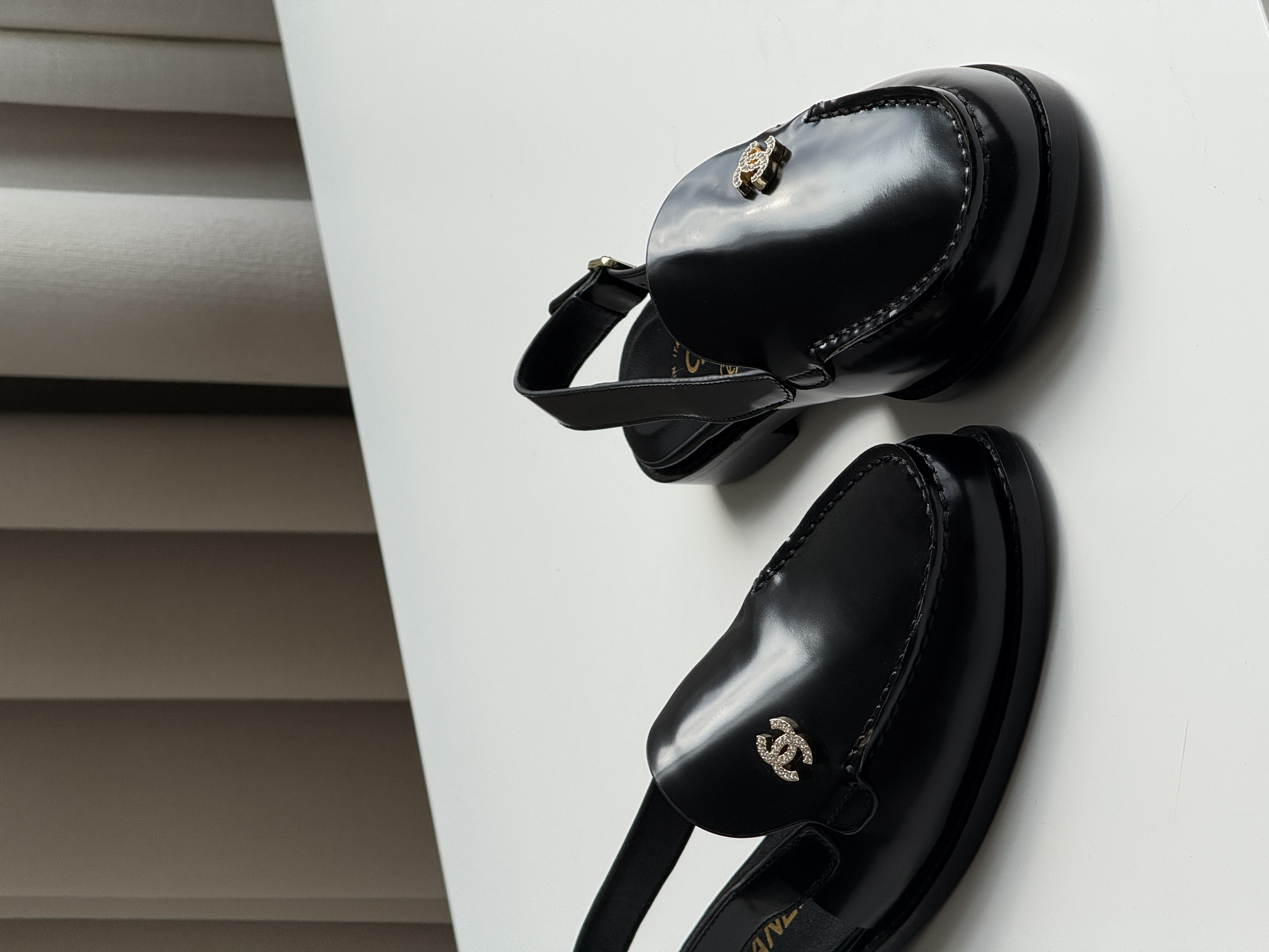 Chanel Patent Leather Crystal CC Slingback Loafers