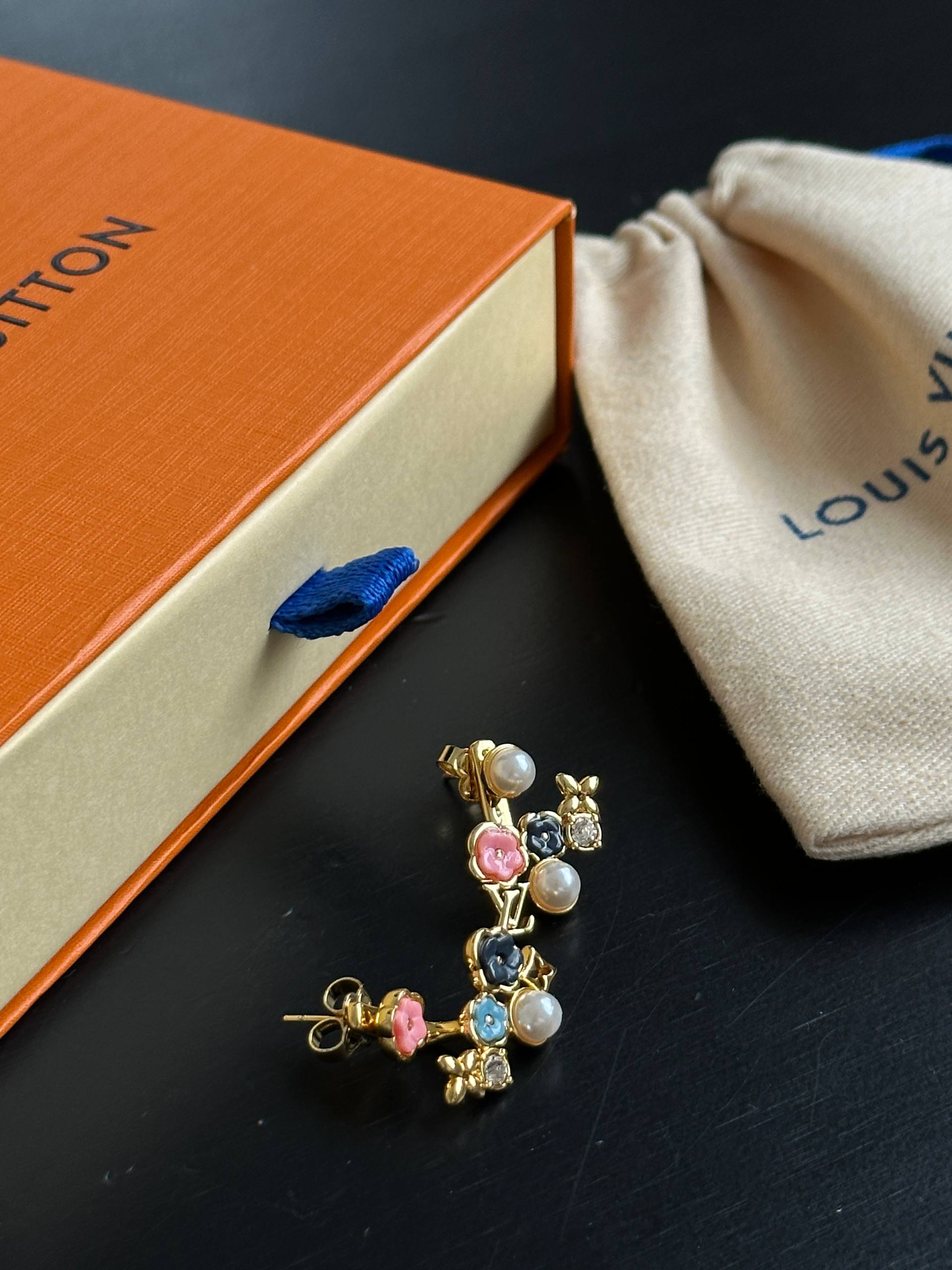 Louis Vuitton Vintage Gold Asymmetric Enamel Flower Pearl LV Logo Drop Earrings