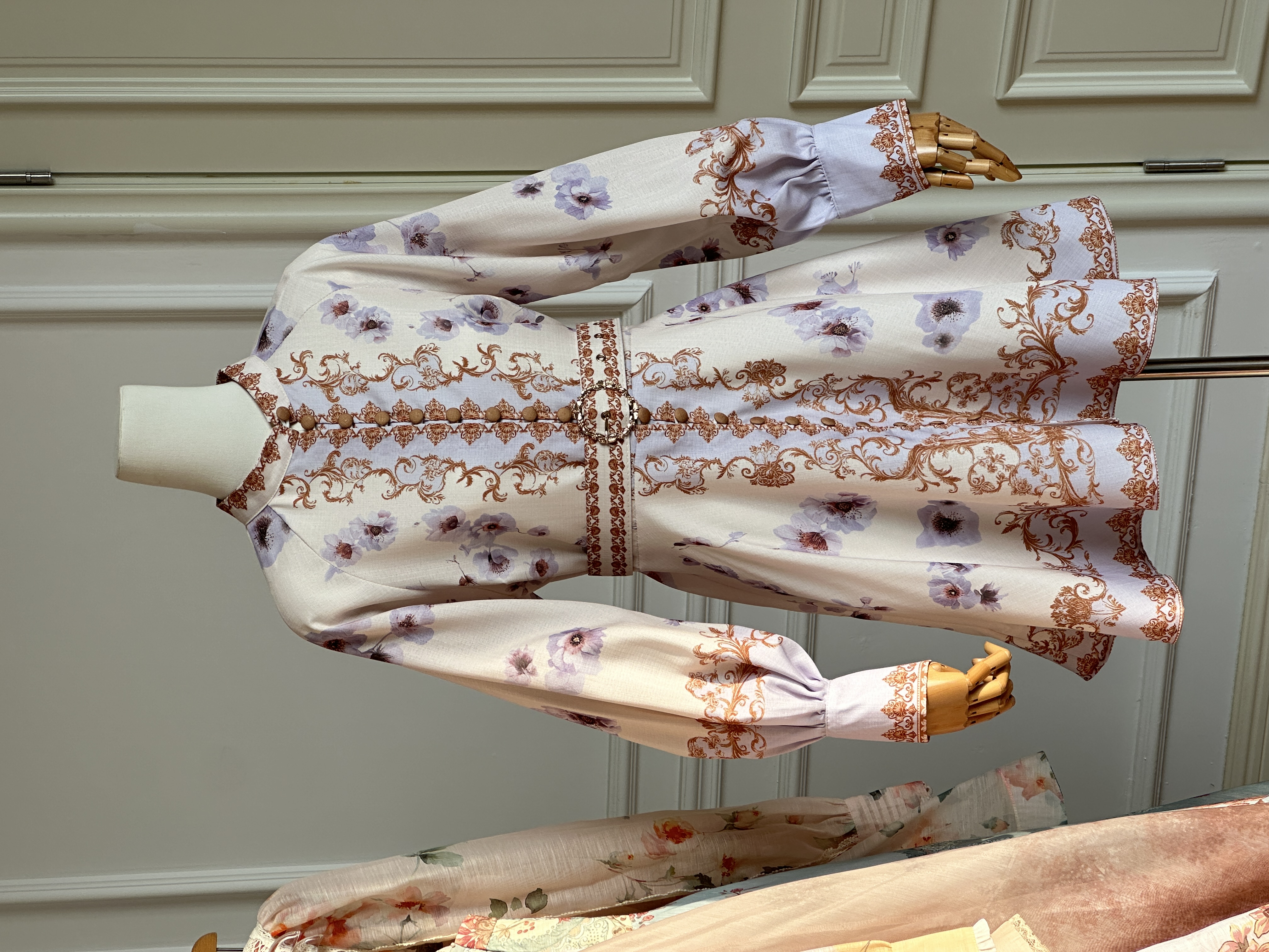 Stand Collar Vintage Baroque Floral Single-breasted Waisted Lantern Sleeve Mini Dress