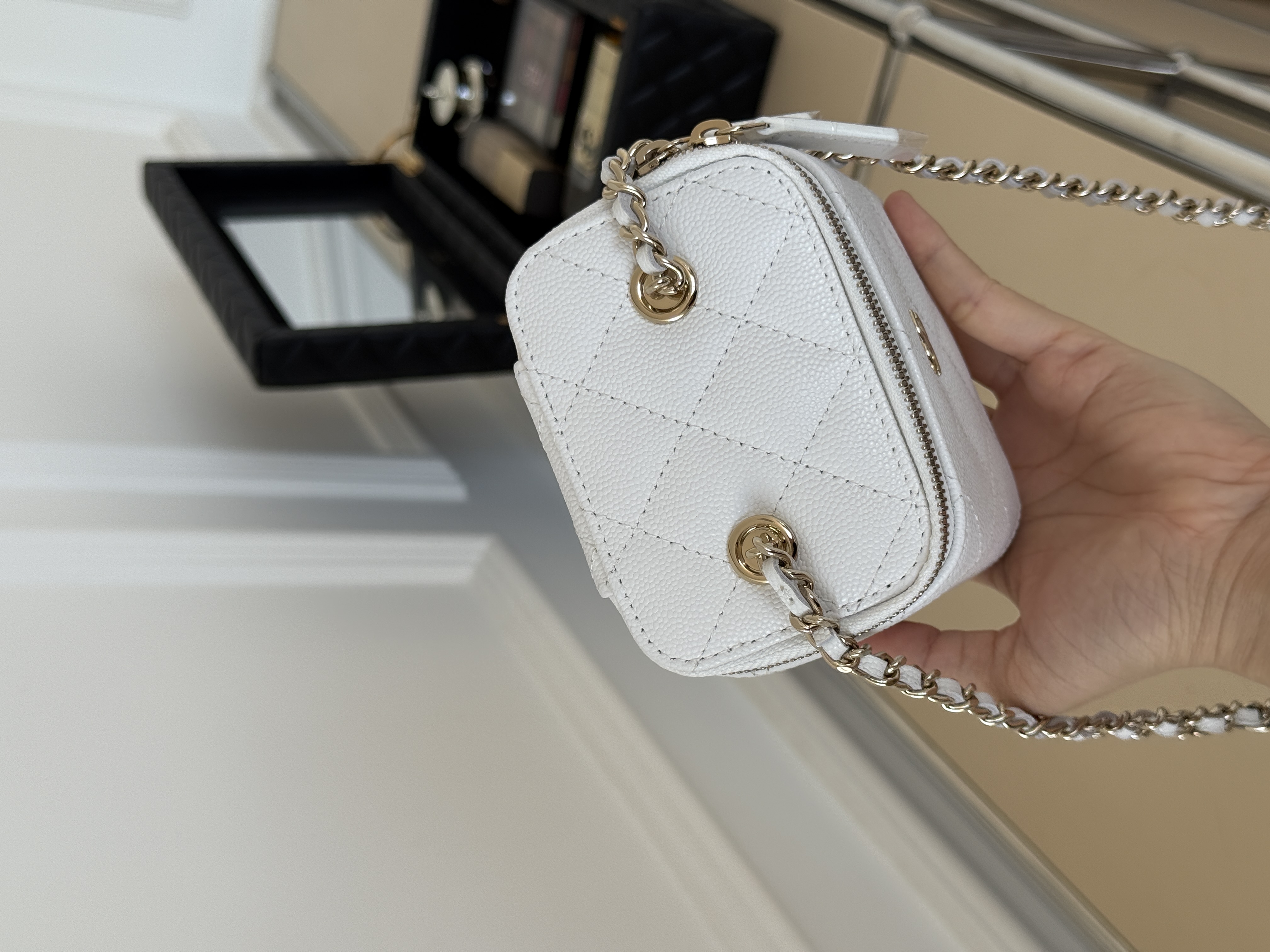 CHANEL Classic Quilted Caviar Leather Mini Vanity Case with Chain