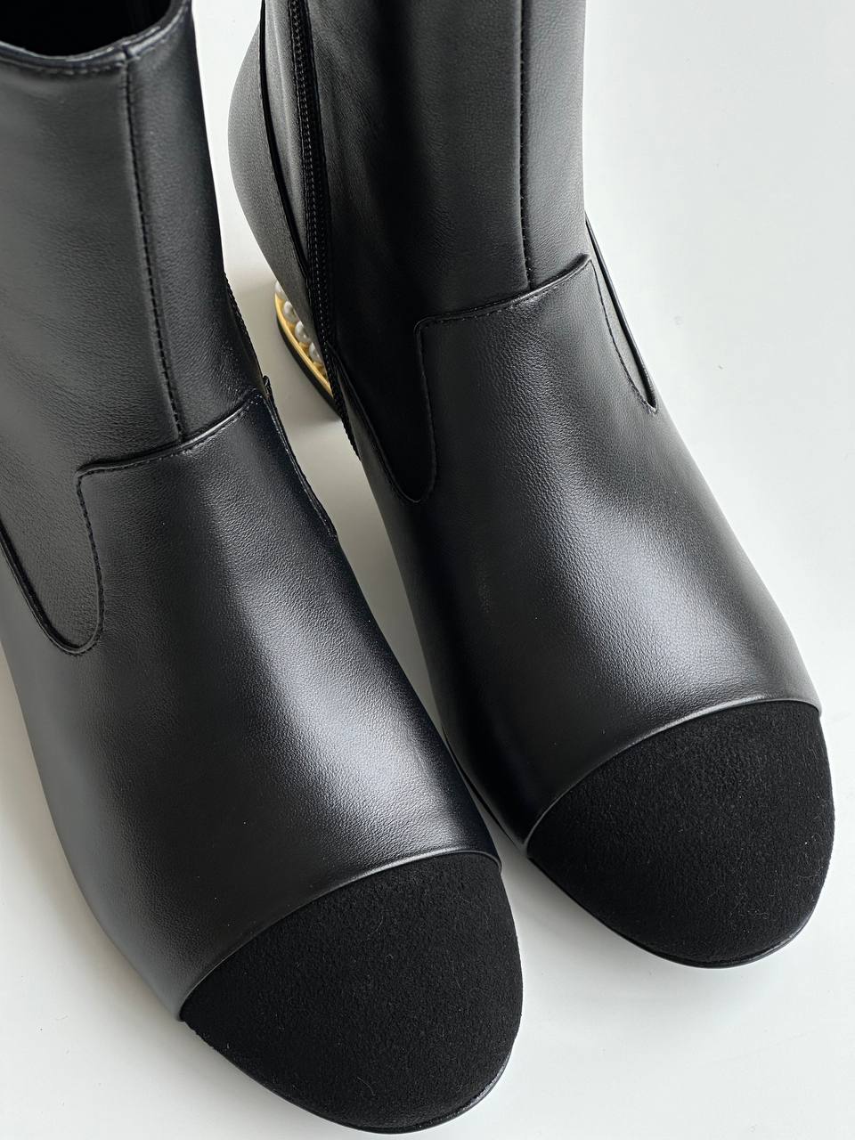 Black Smooth Calfskin Suede Toe Pearl Block Heel Side Zipper Peep Toe Ankle Boots