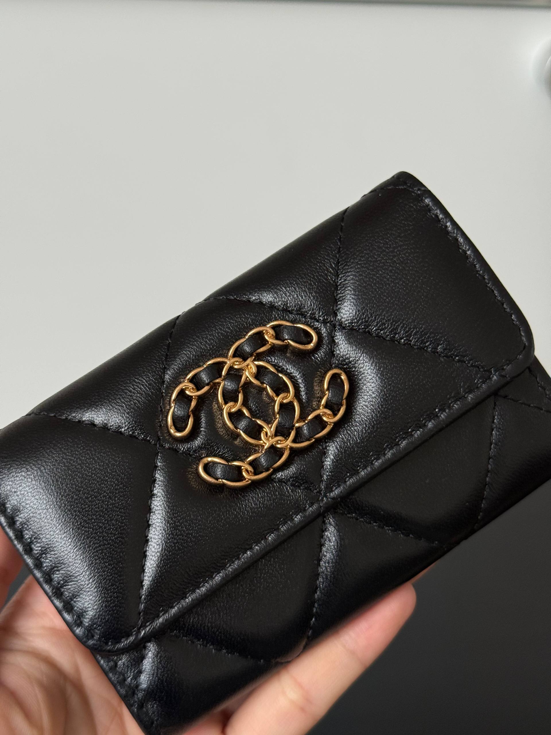 Chanel Quilted Lambskin Short Flap Card Holder With Chain CC Logo