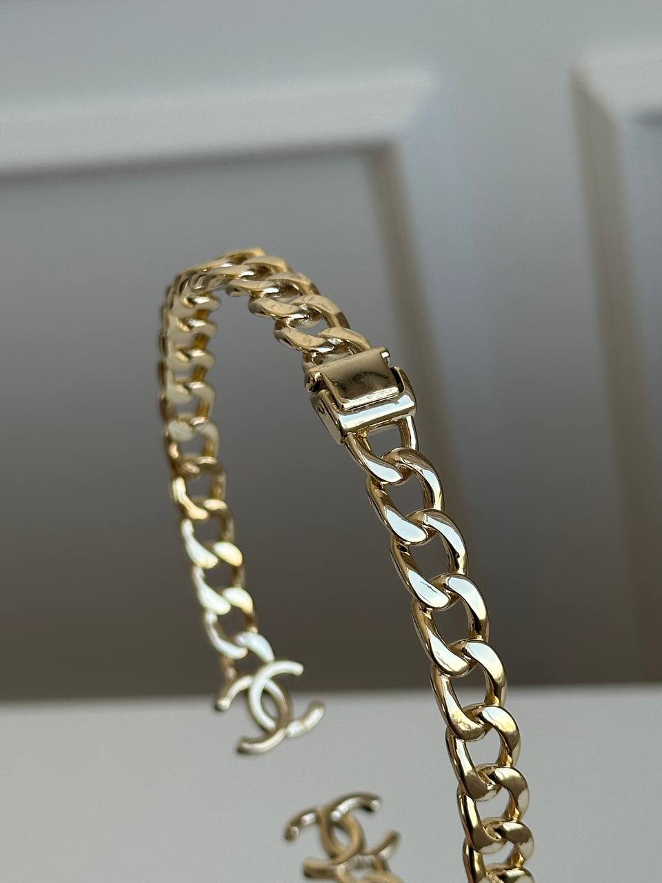 Chanel Light Gold Cuban Chain Open Cuff Bracelet With Interlocking CC Logo