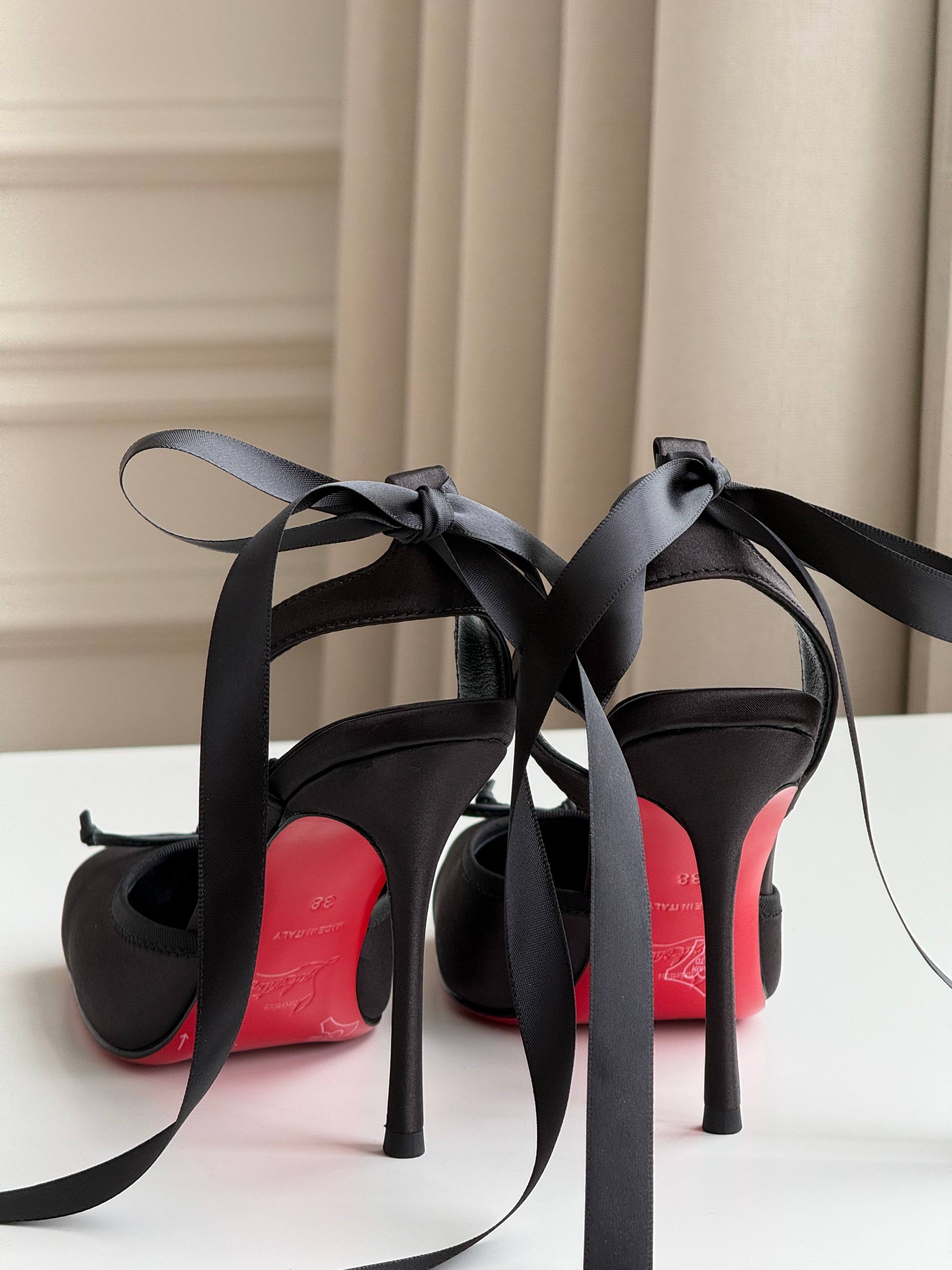 Christian Louboutin Black Satin Front & Ankle Bow Red Sole Slingback Heels