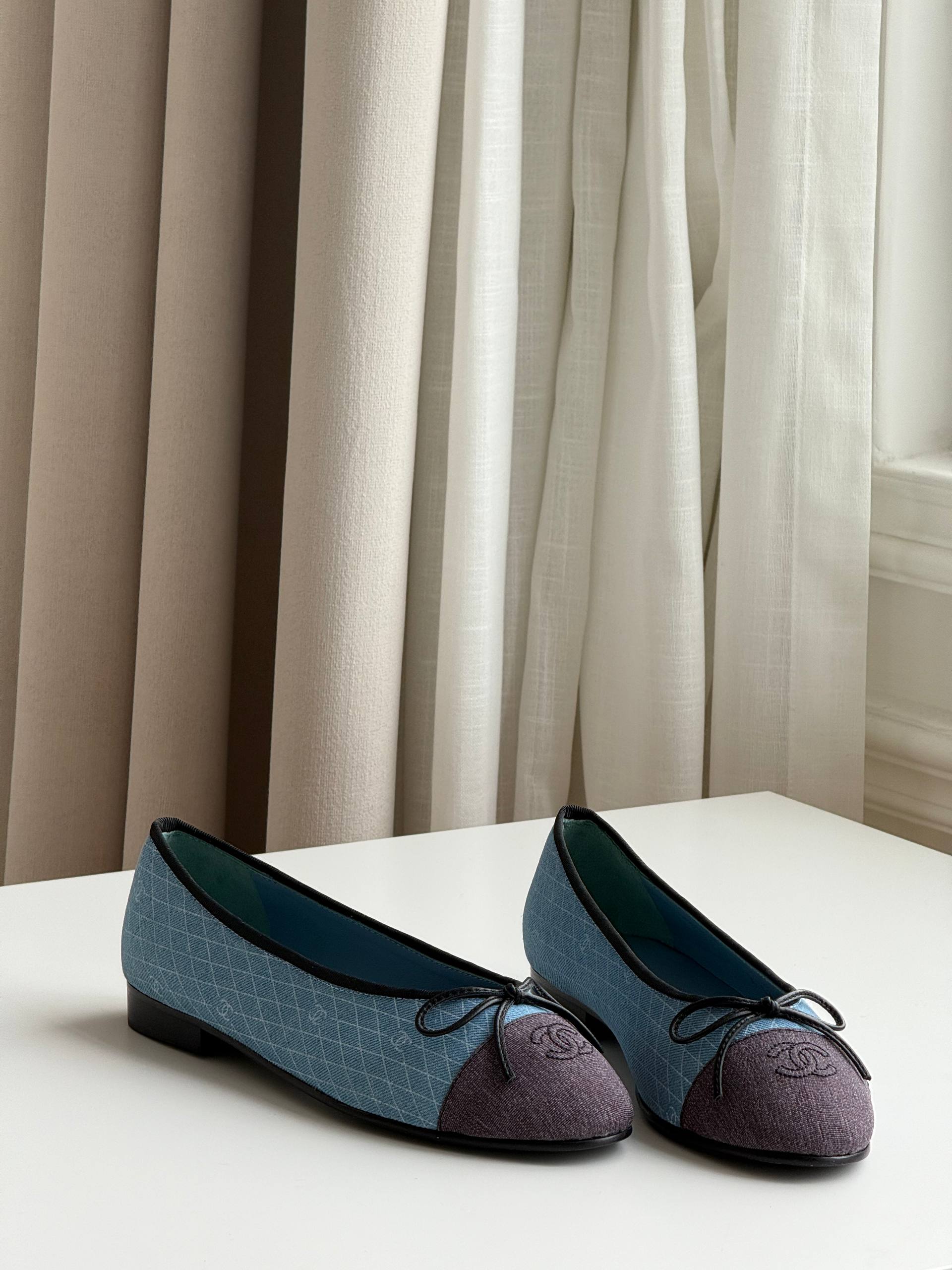 CHANEL Classic Quilted CC Embroidered Cap-Toe Ballet Flats (Blue & Grey)