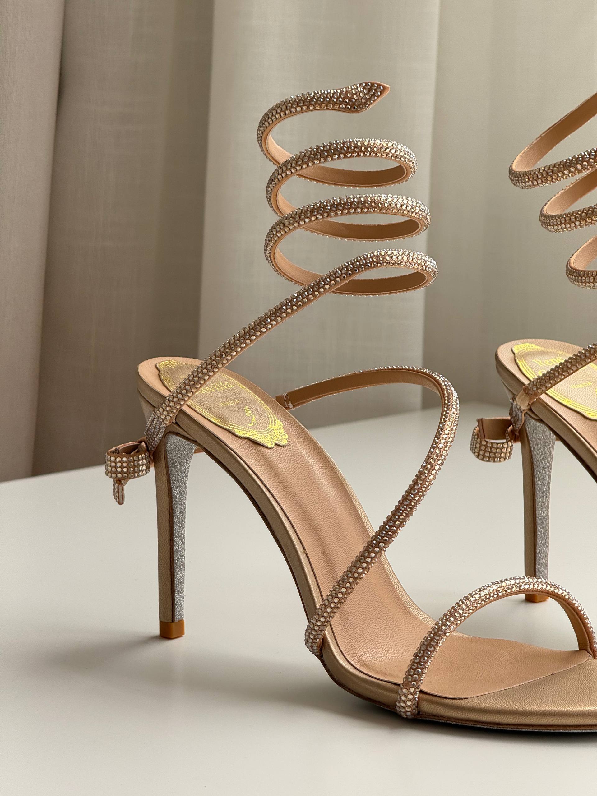 Rene Caovilla Cleo Series Nude Rhinestone Snake Wrap High-Heel Sandals