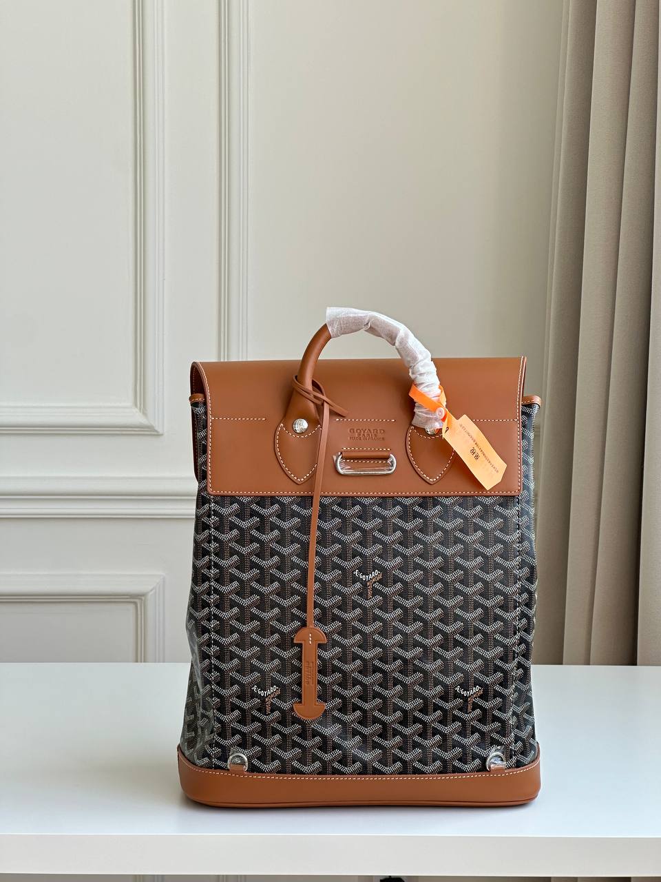 Goyard Black Goyardine Canvas Brown Leather Flap Drawstring Backpack