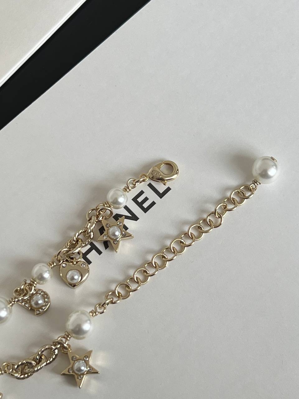 Chanel Pearl Crystal CC Star & Heart Charm Adjustable Bracelet