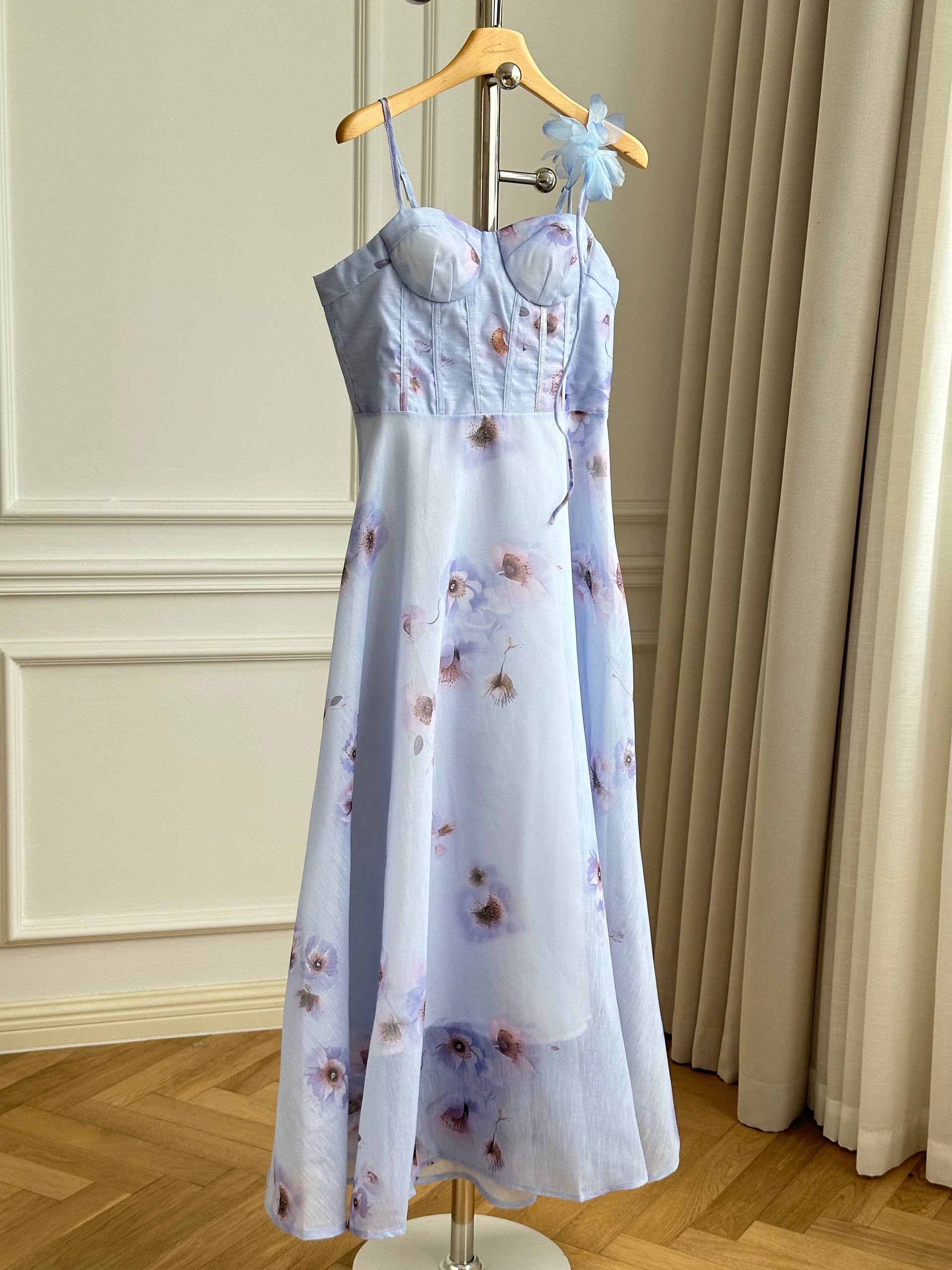 Light Blue Ink Floral Corset Spaghetti Strap Maxi Dress