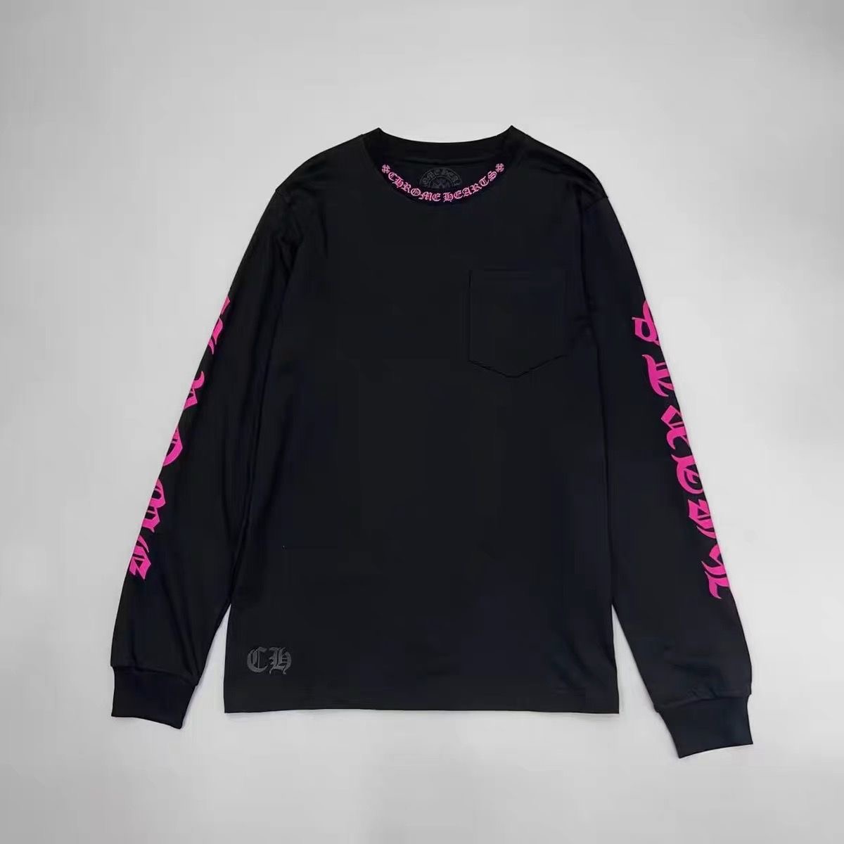 Chrome Heart Round-neck Long-sleeved T-shirt with Embroidered Letters and Floral Print on Armholes