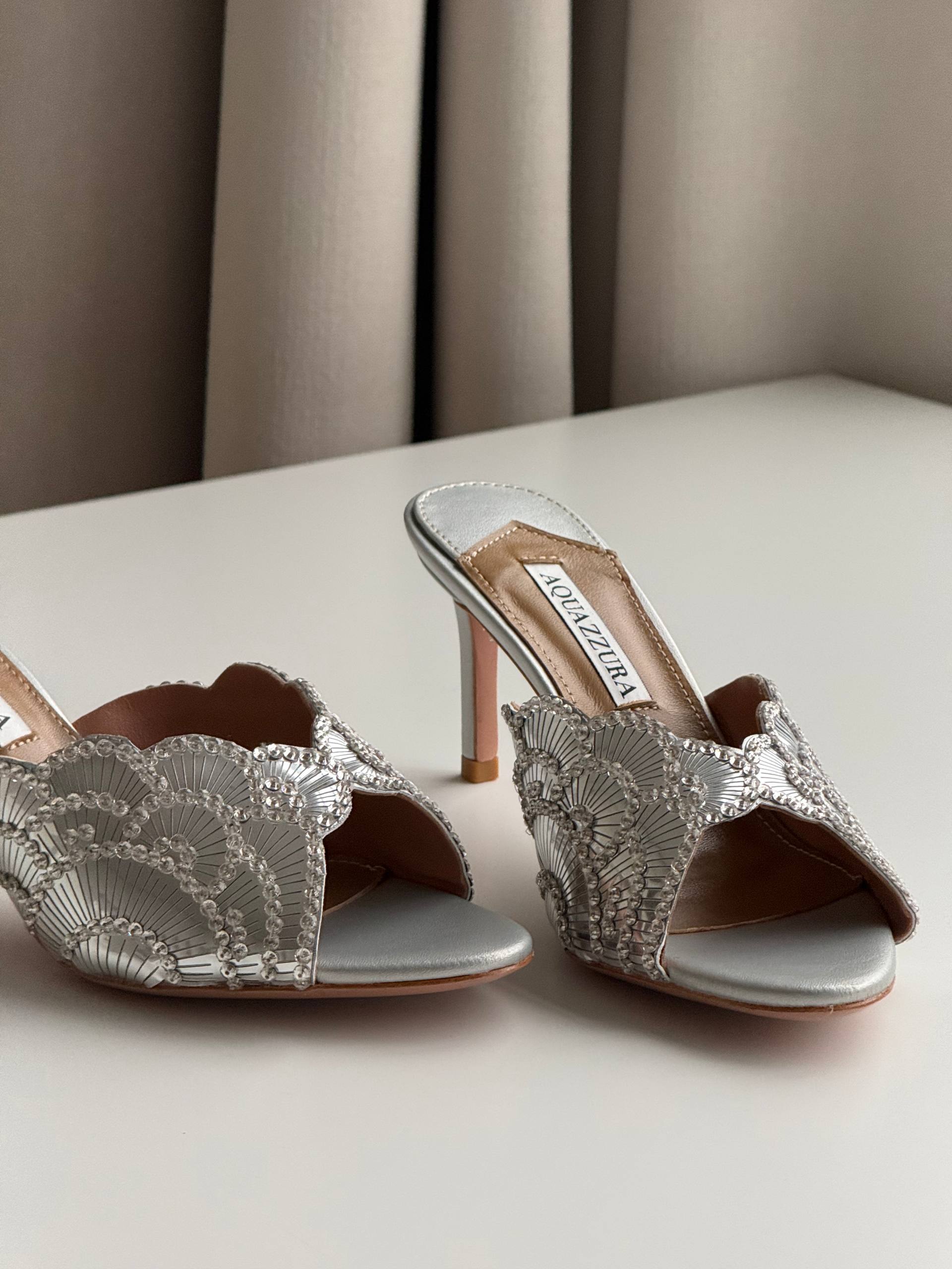 Aquazzura Lace-Embroidered Open-Toe Heeled Mules