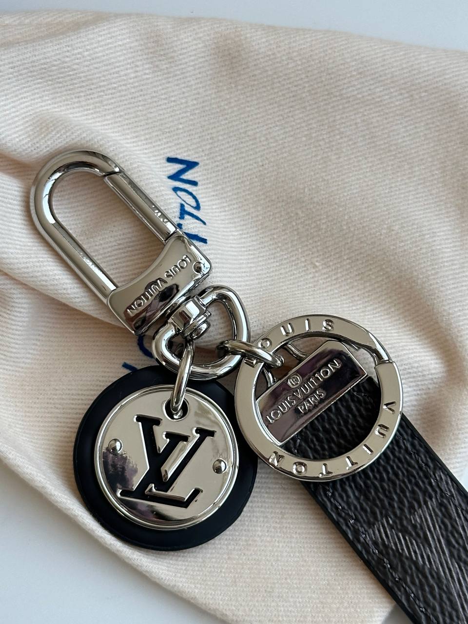 Louis Vuitton Monogram Eclipse Leather Strap Round LV Metal Plate Keychain Bag Charm