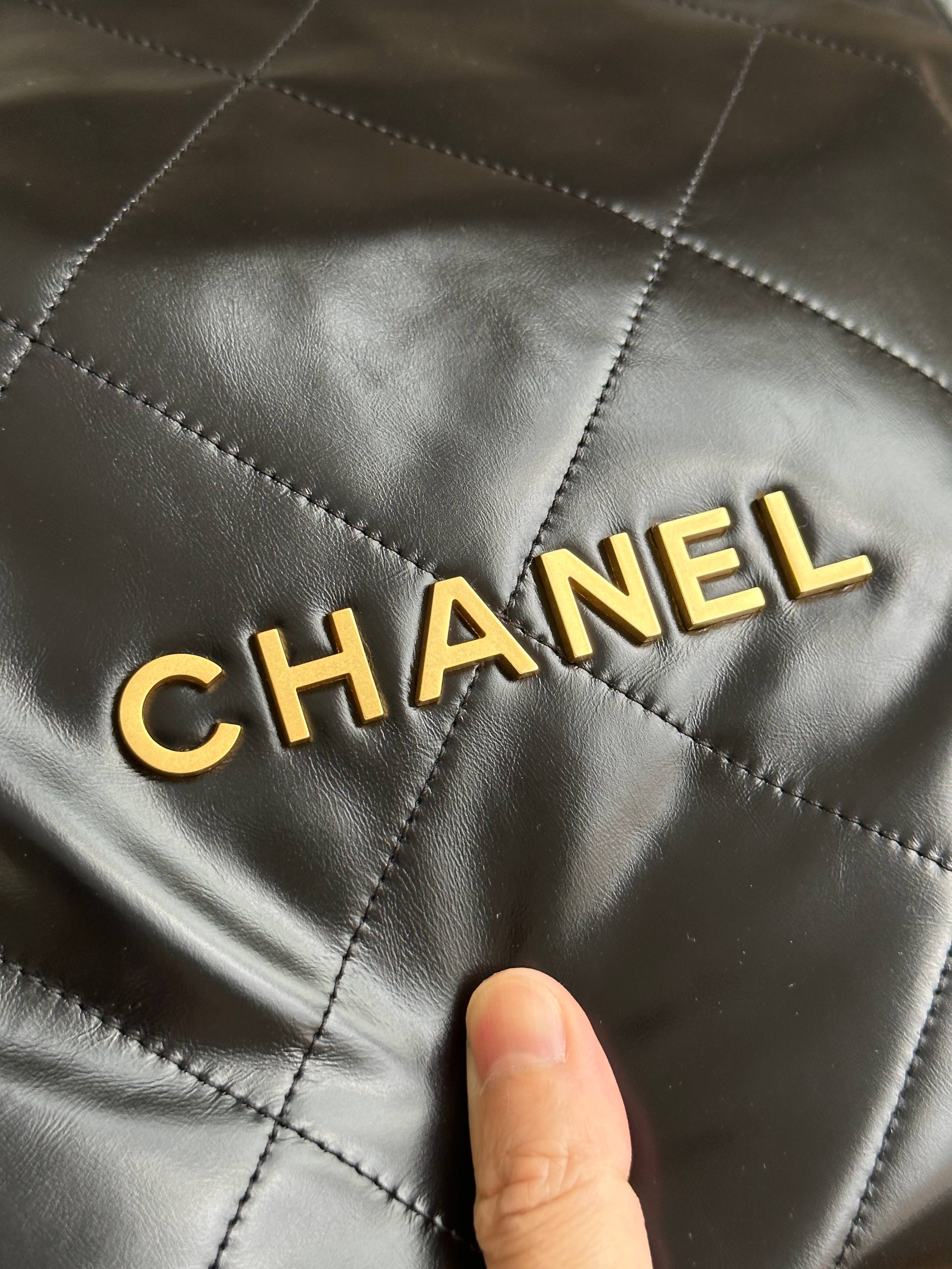 Chanel 22 Large Black Shiny Quilted Leather Tote Crossbody Bag
