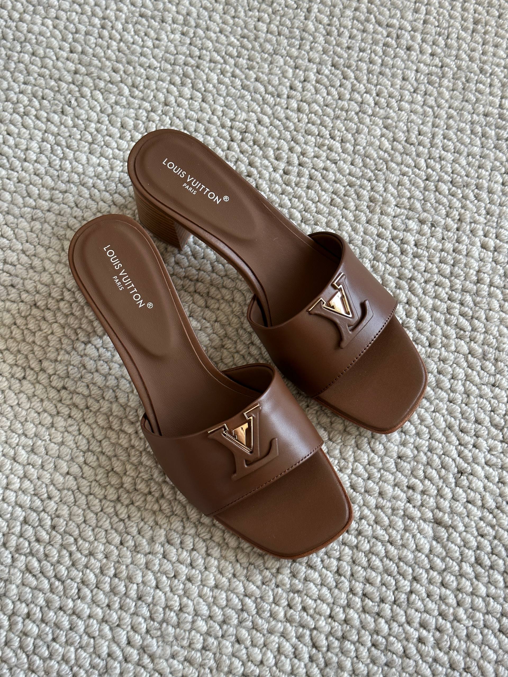 Louis Vuitton Dark Brown Calf Leather LV Logo Block Heel Mules