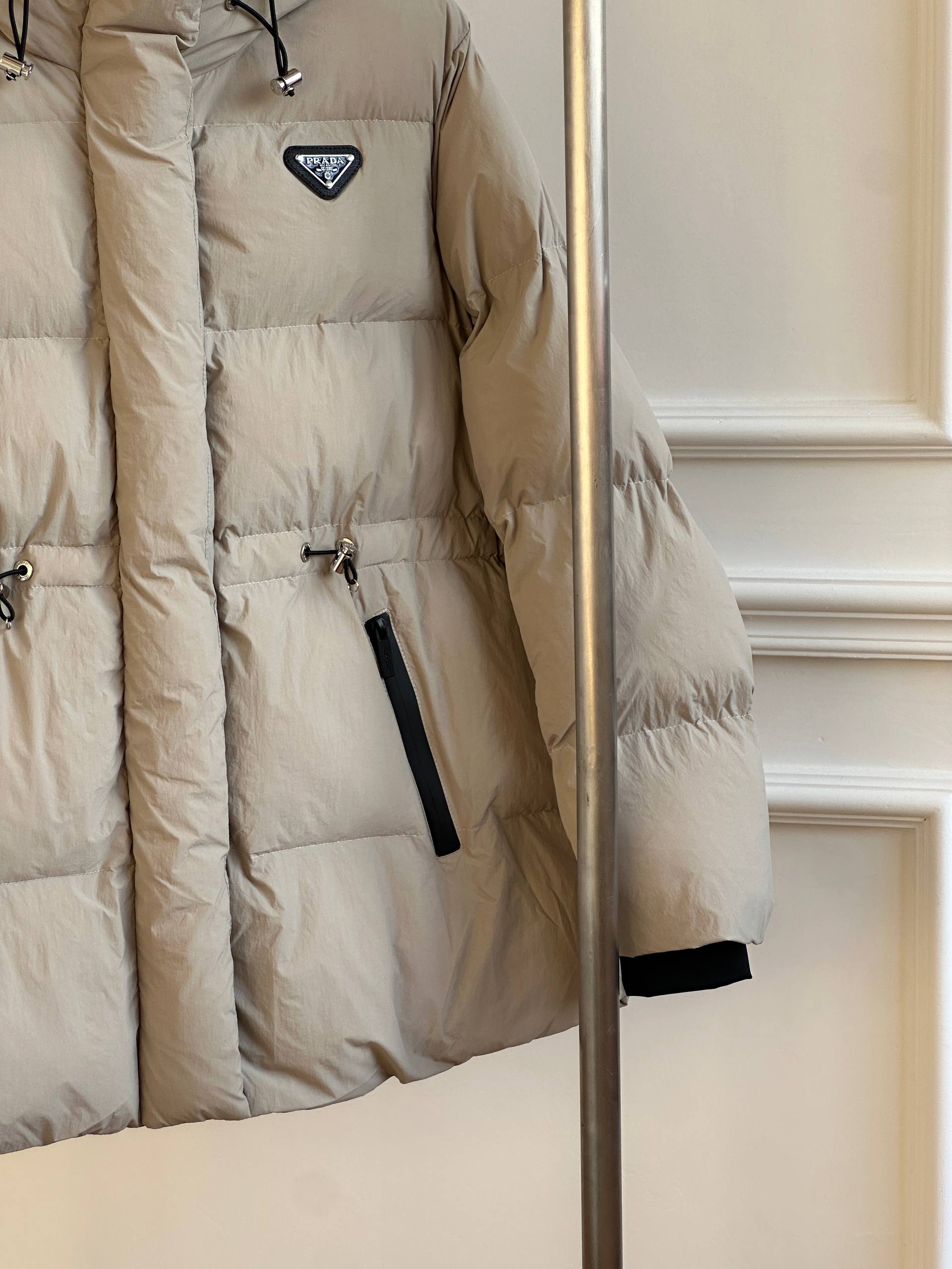 Prada Hooded Loose Down Jacket with Triangle Logo & Waist Drawstring