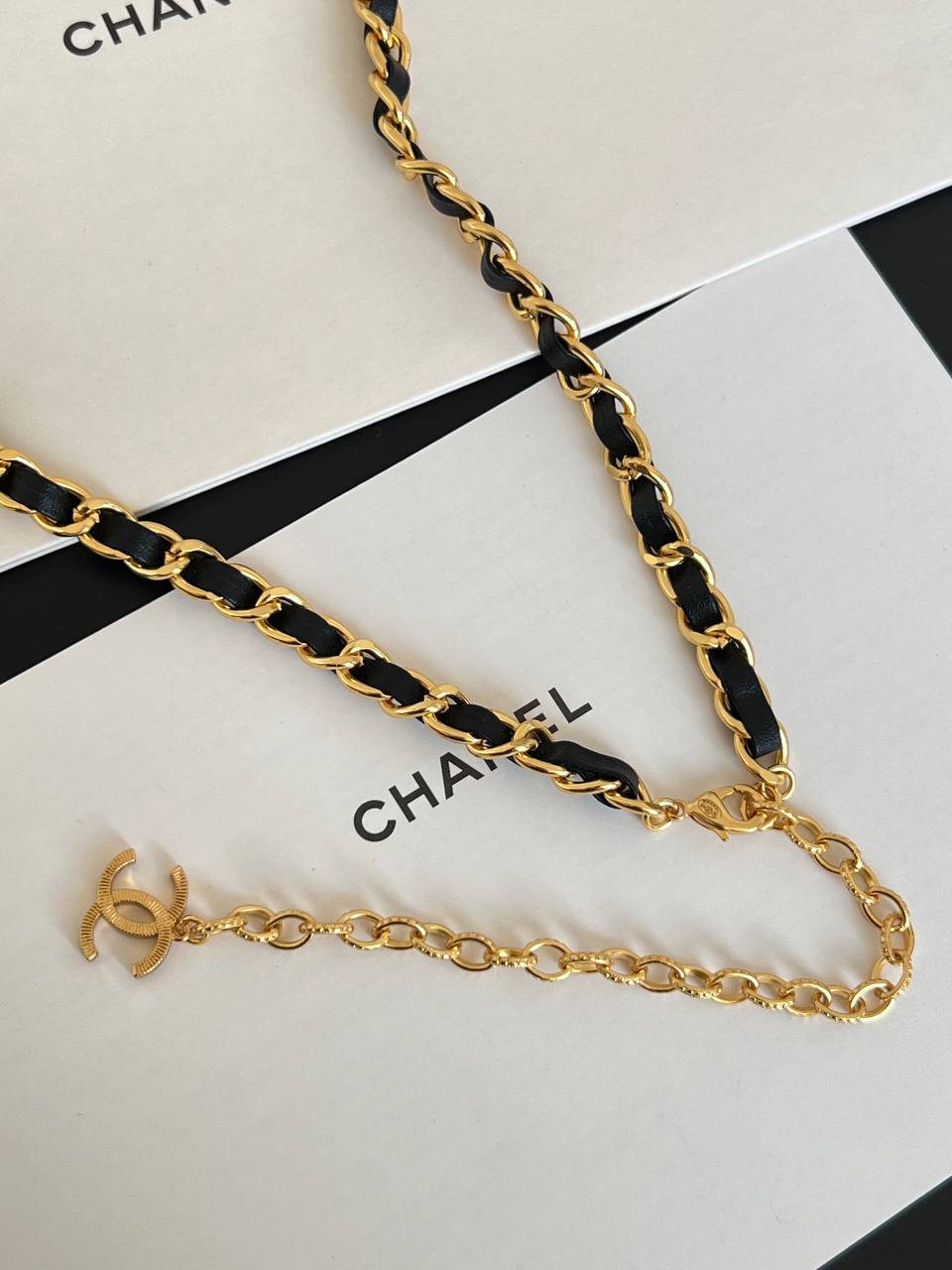 Chanel Leather Interwoven Metal Chain CC Pendant Necklace