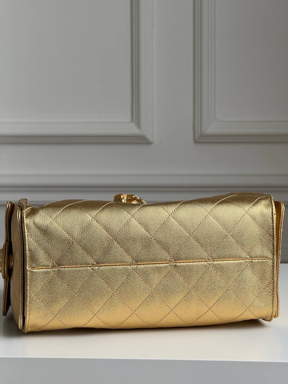 Chanel 25 Mini/Small Metallic Grained Calfskin Bucket Bag in Gold