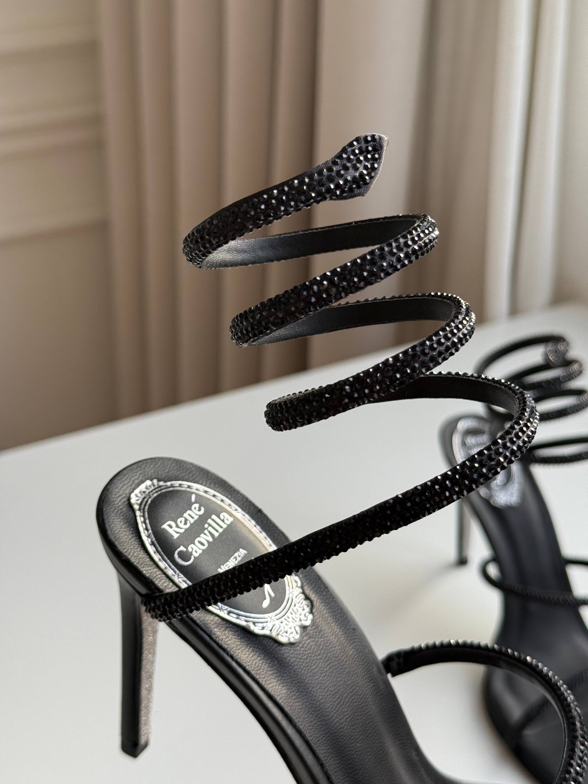 Rene Caovilla Cleo Black Crystal Wrap-around Sandals