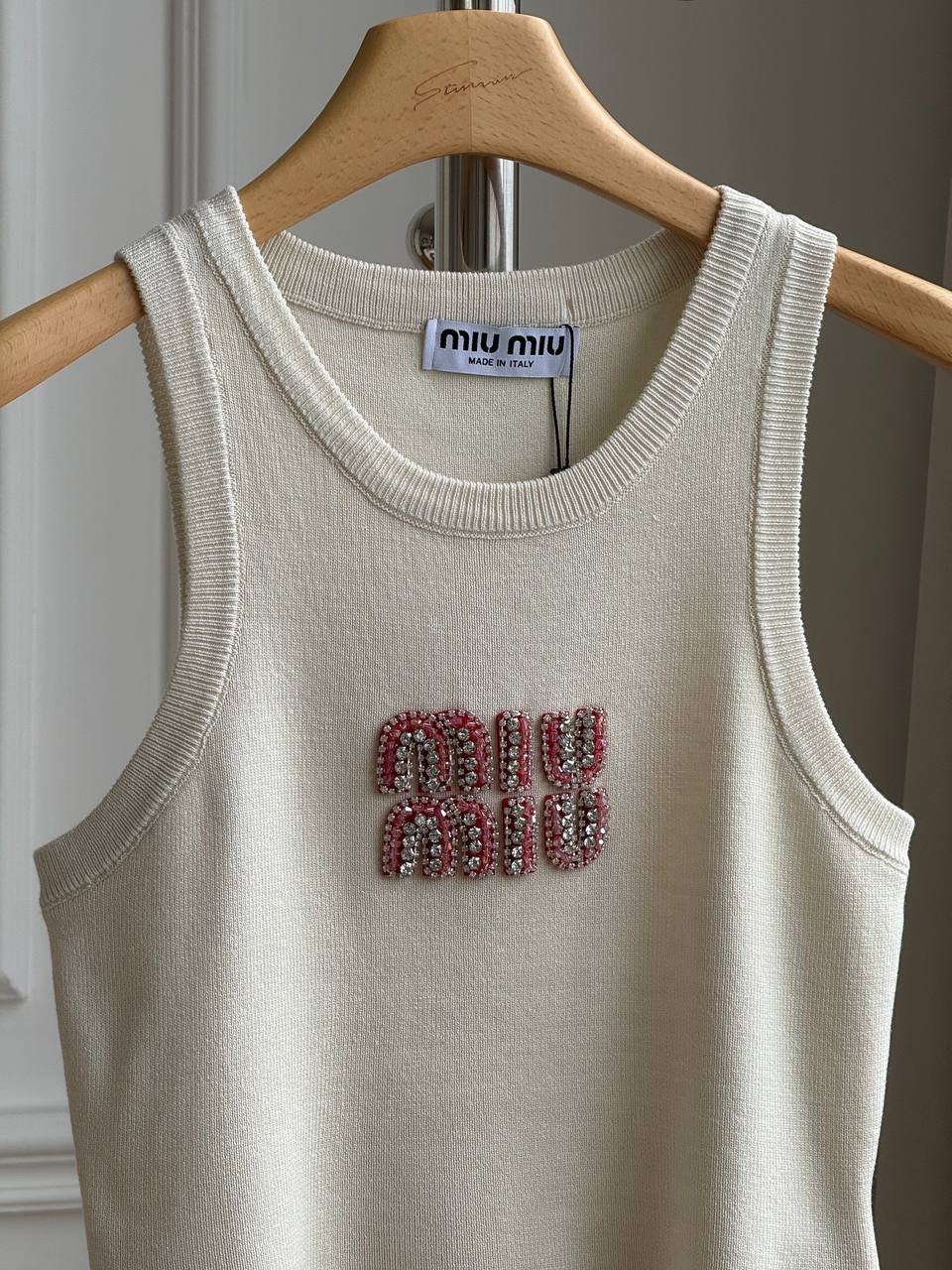 Miu Miu Crystal-Embellished Logo Knit Tank Top