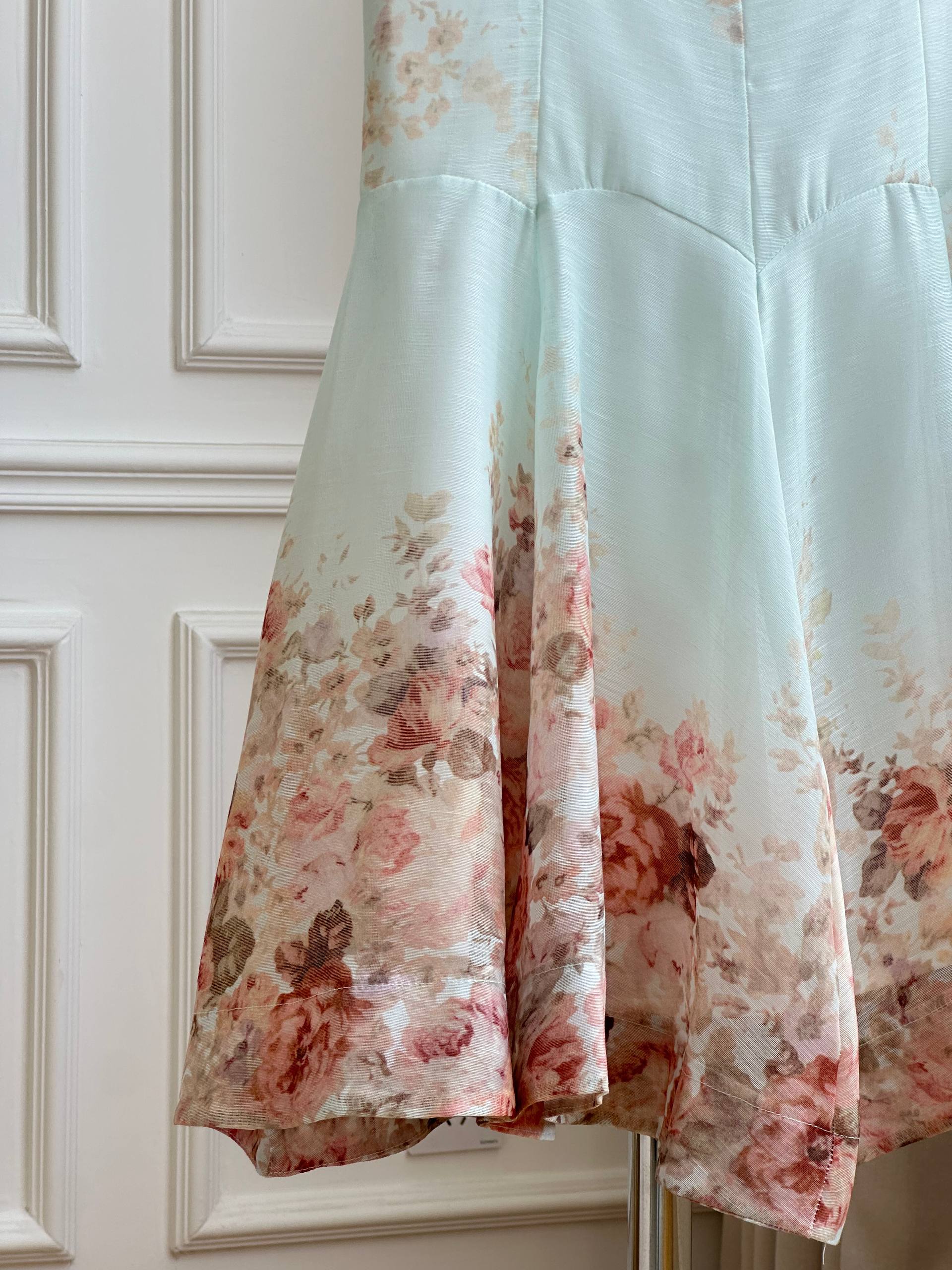 Zimmermann Mint Green Rose Print Ruched Bustier Mini Dress