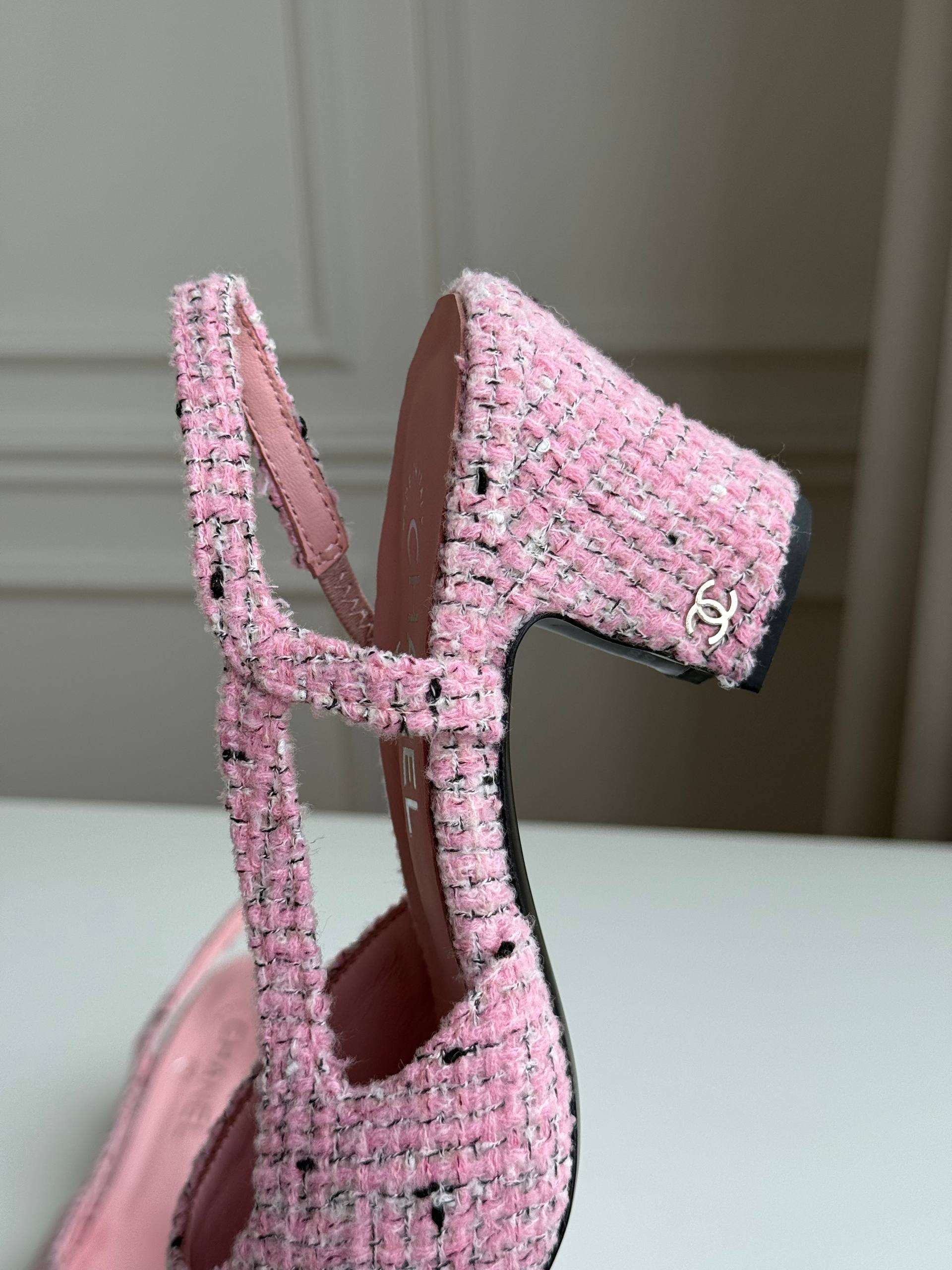 Chanel Two-Tone Tweed Slingback Block Heel Sandals